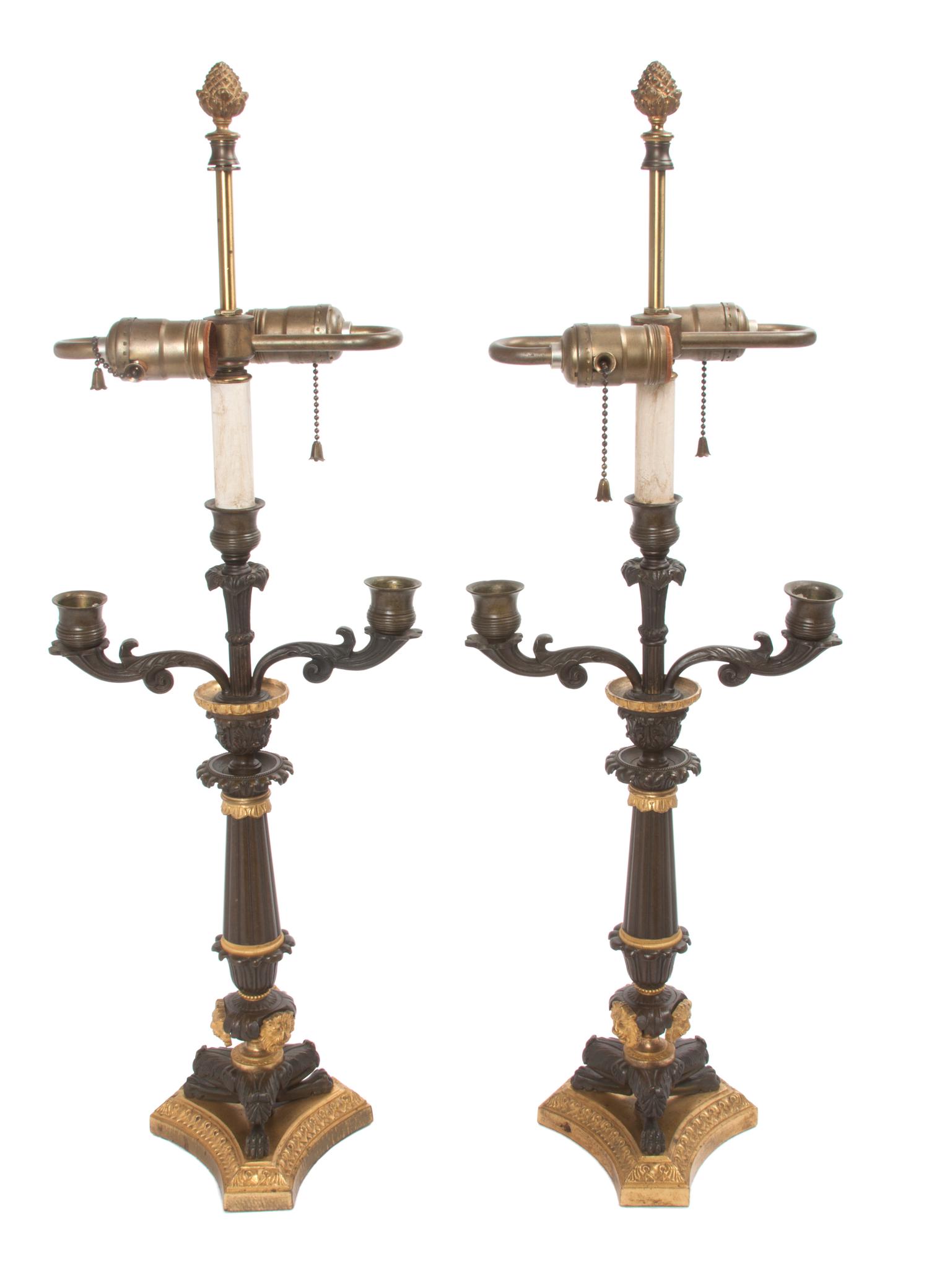 A Pair of Empire Gilt and Patinated Bronze Table Lamps Height 26 1/4 inches.