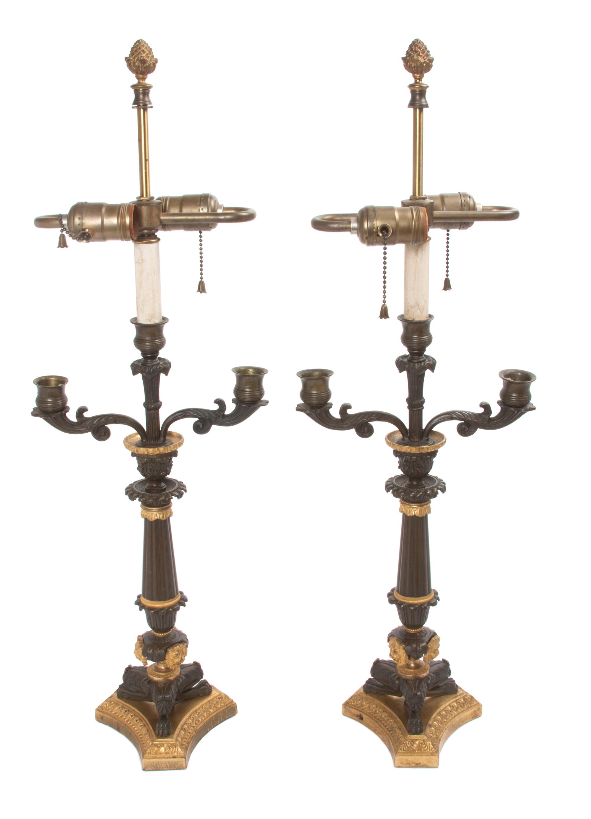 A Pair of Empire Gilt and Patinated Bronze Table Lamps Height 26 1/4 inches.