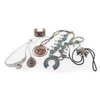 Group of six Zuni silver, turquoise, and inlaid jewelry items Dennis Edaakie and others, 20th century