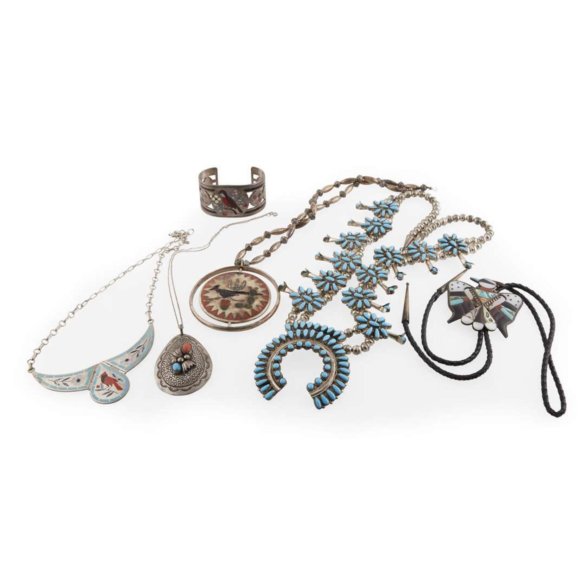 Group of six Zuni silver, turquoise, and inlaid jewelry items Dennis Edaakie and others, 20th century