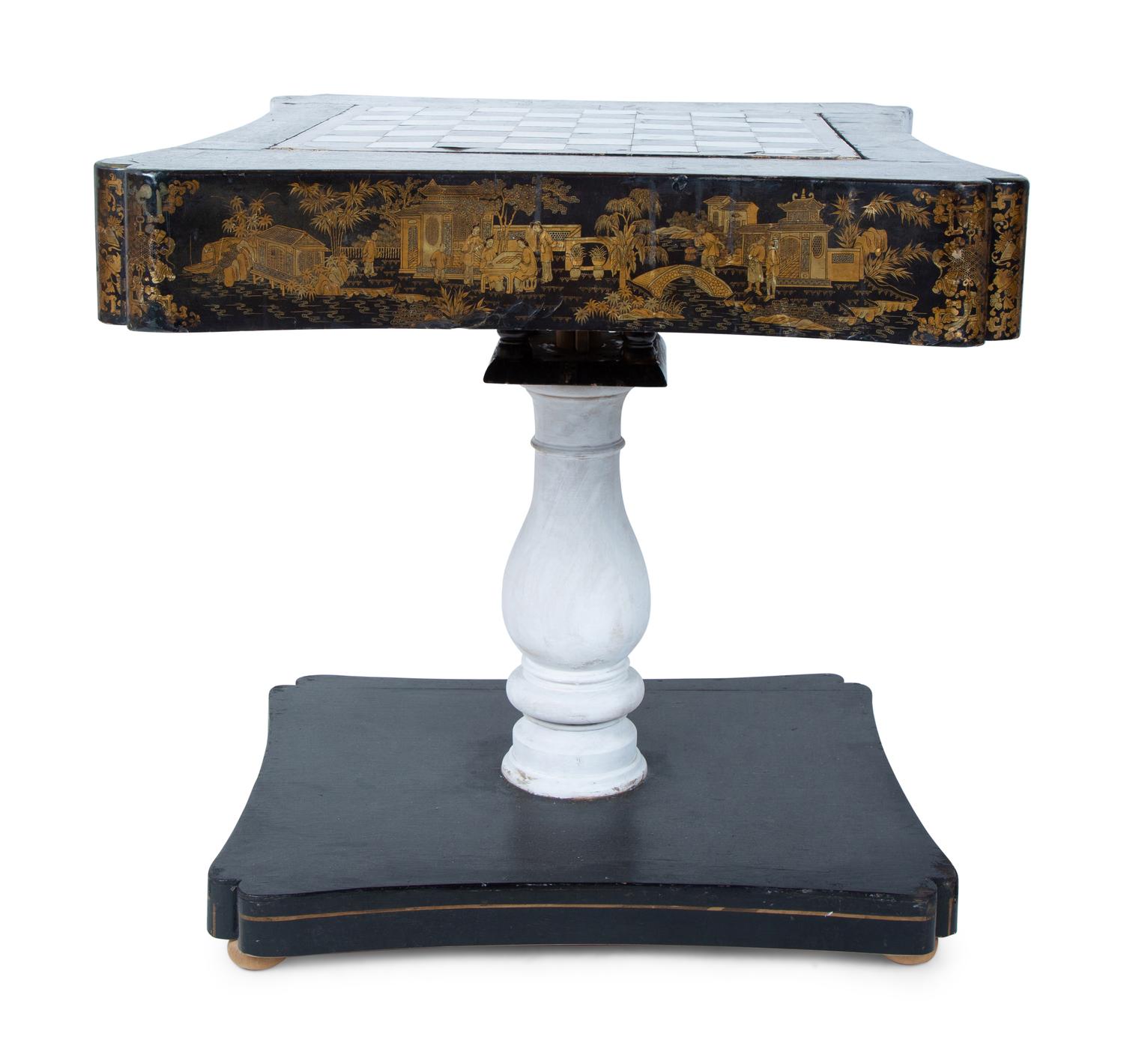 A Chinese Export Lacquer Game Table on a Later Painted Wood Base — 19TH CENTURY AND LATER