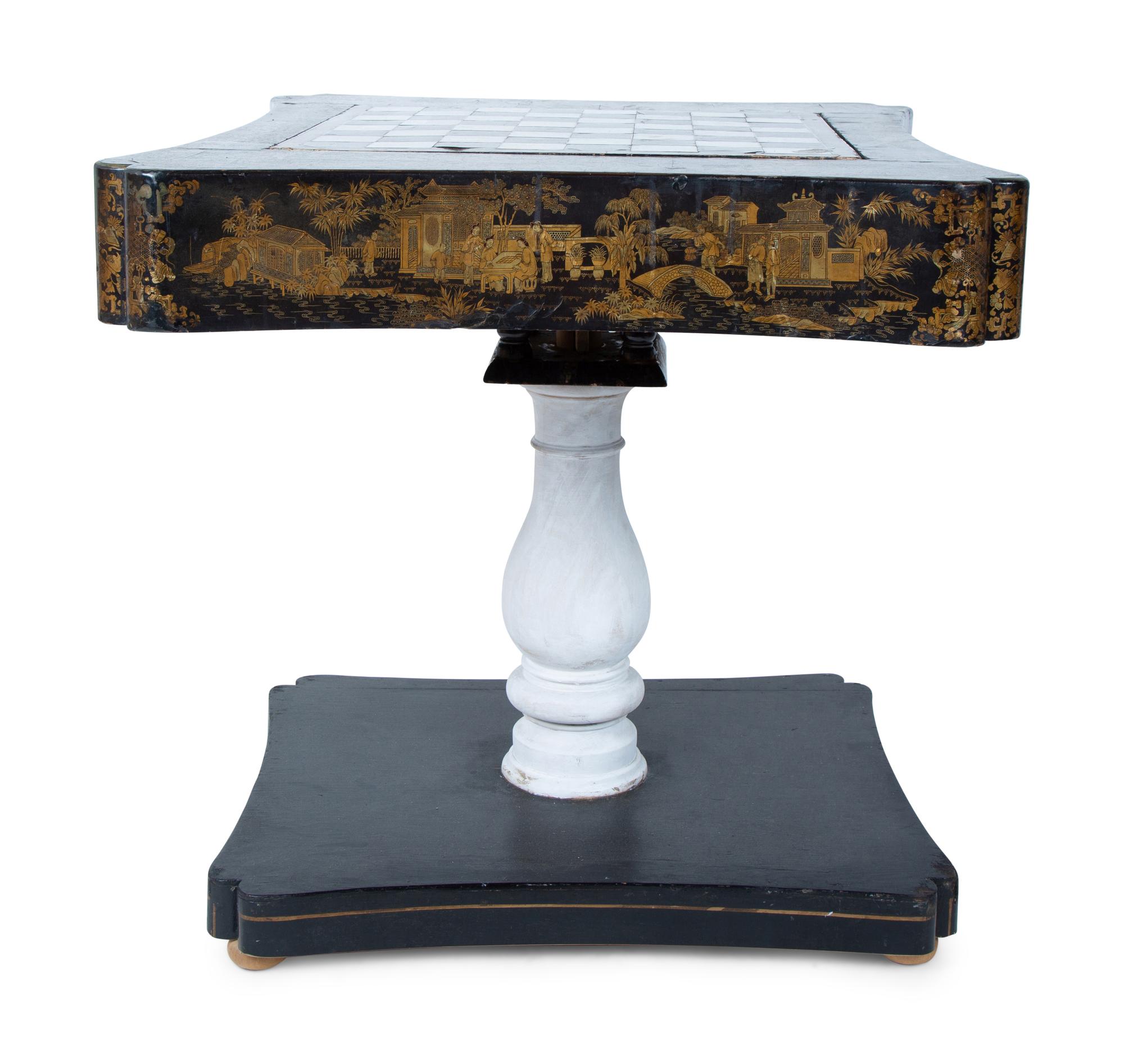 A Chinese Export Lacquer Game Table on a Later Painted Wood Base — 19TH CENTURY AND LATER