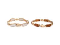 TWO YELLOW GOLD AND JADE BRACELETS