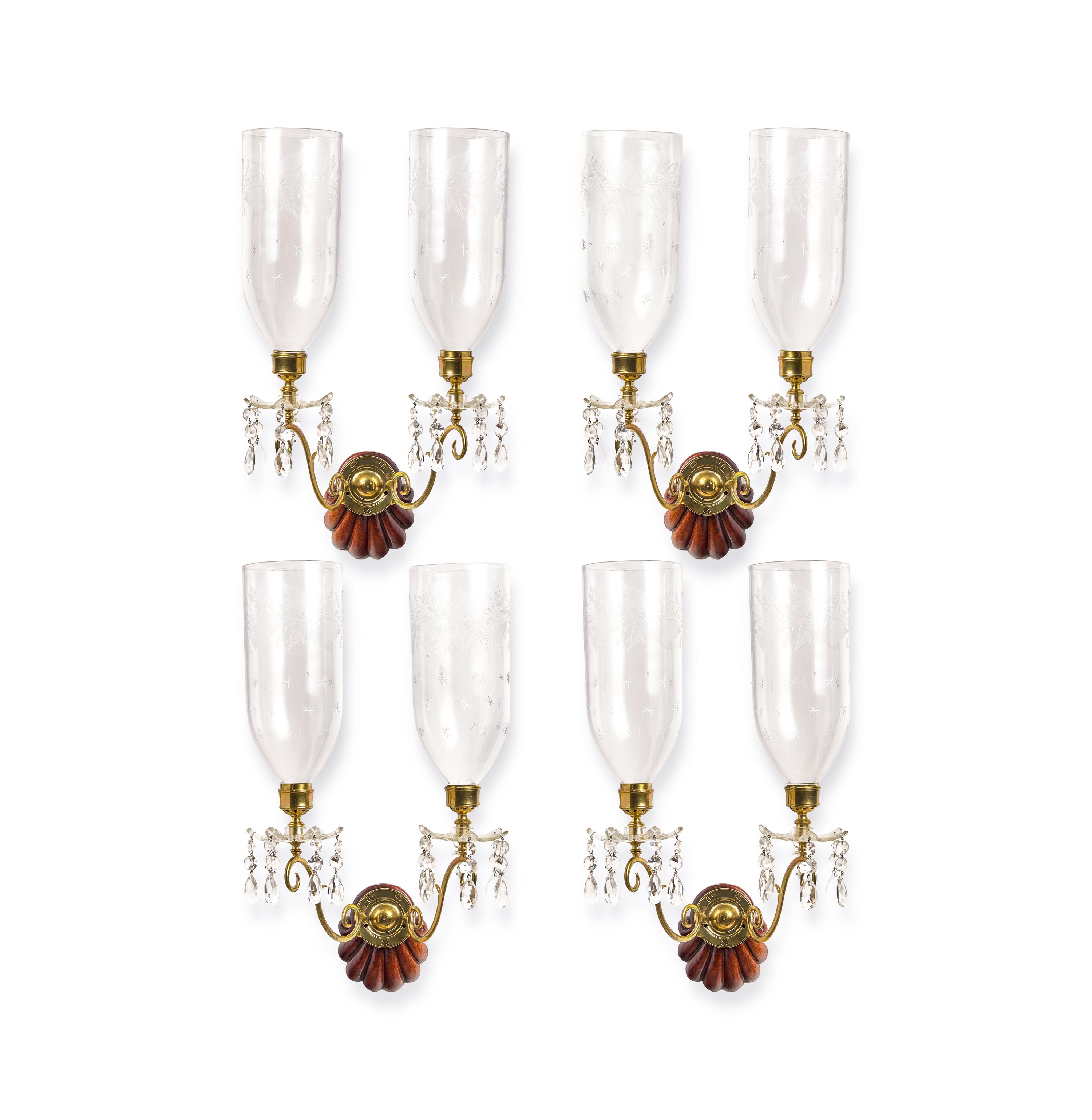 A Set of Four George III Style Brass, Mahogany, and Cut Glass Candle Sconces