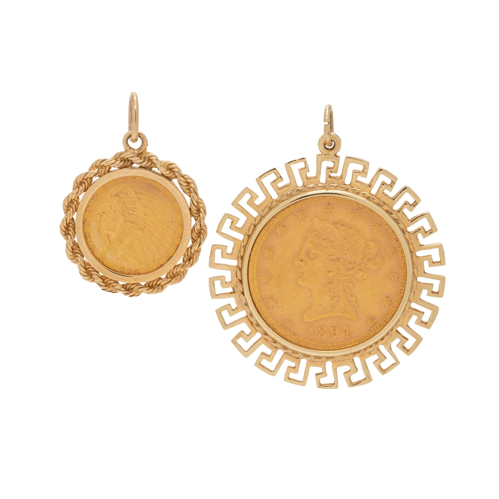 COLLECTION OF YELLOW GOLD AND COIN PENDANTS