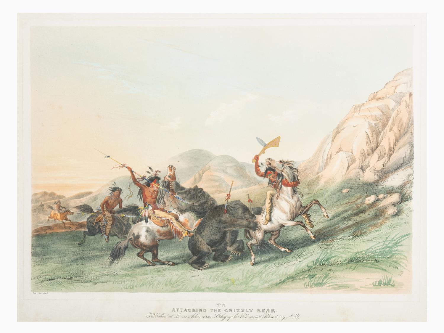 [NATIVE AMERICANS]. CATLIN, George (1796-1872), artist. ACKERMAN, James (active 1845-1859), lithographer. Attacking the Grizzly Bear.