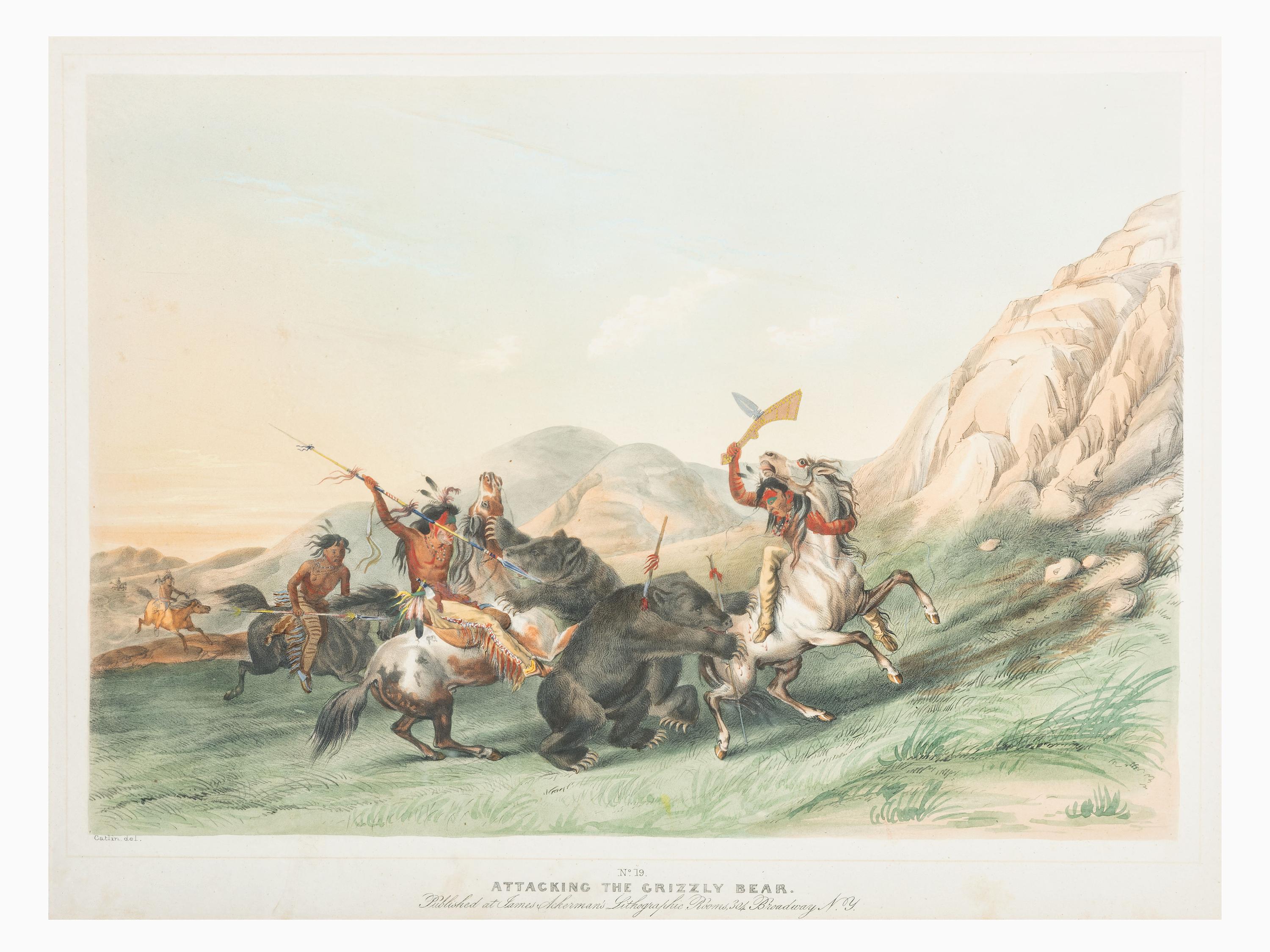 [NATIVE AMERICANS]. CATLIN, George (1796-1872), artist. ACKERMAN, James (active 1845-1859), lithographer. Attacking the Grizzly Bear.