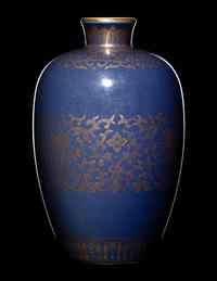 A Small Gilt Decorated Blue Glazed Porcelain Baluster Vase