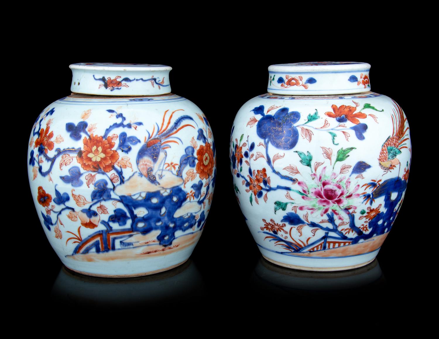 A Pair of Chinese Export Imari and Famille Rose Porcelain Covered Jars and a Flori-Form Plate
