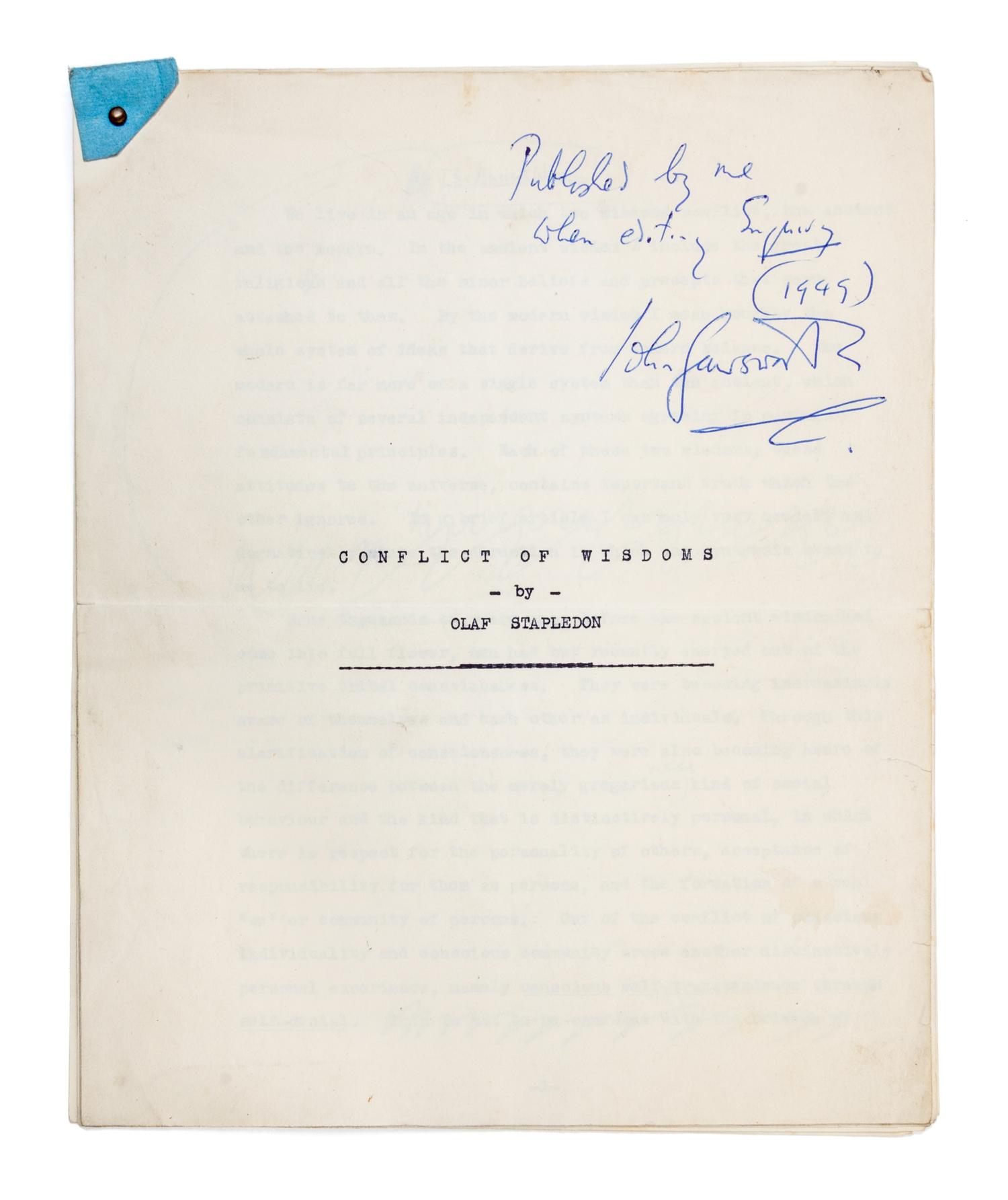 STAPLEDON, OLAF. Conflict of Wisdoms, 1949. Typescript of the essay. With ALS to John Gawsworth