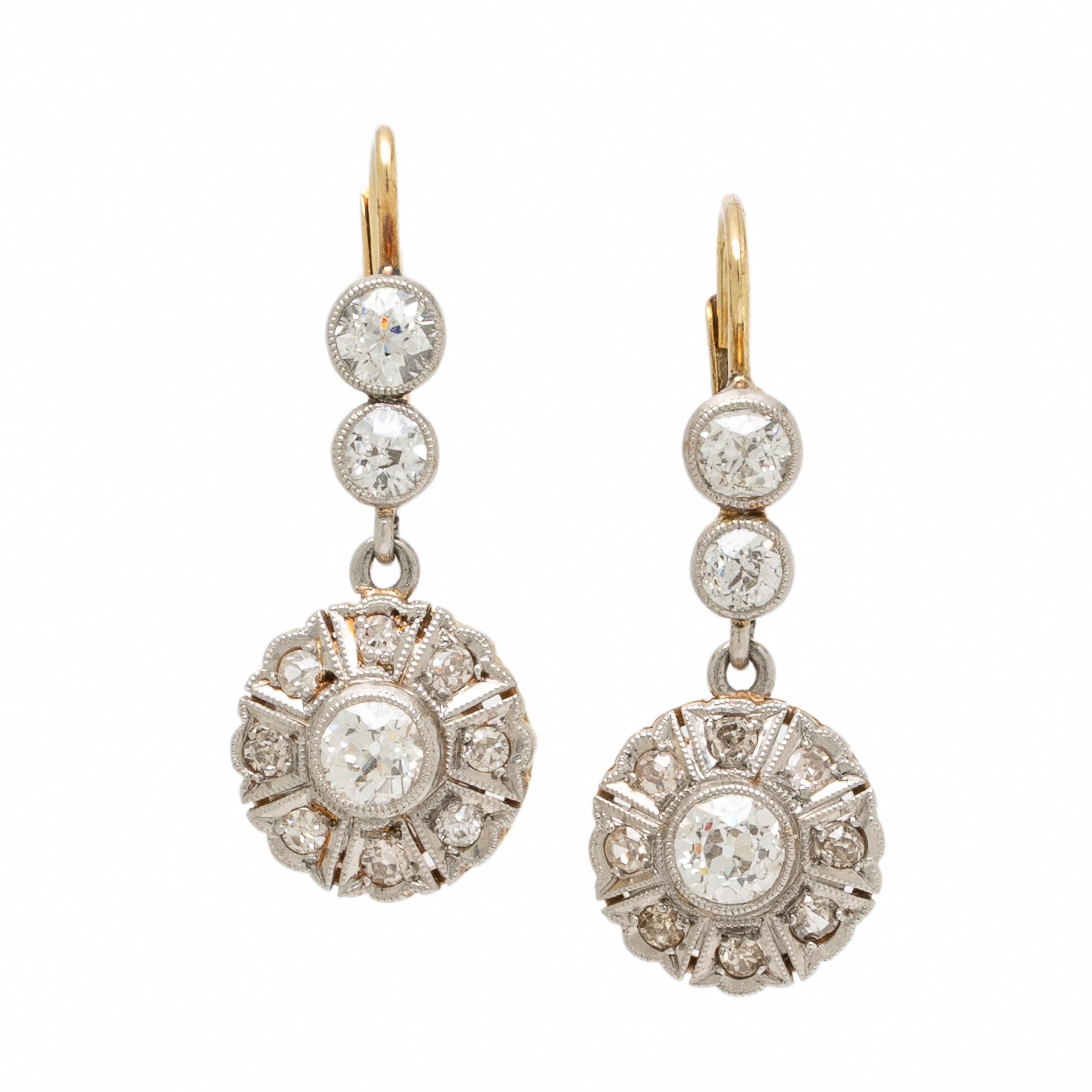 Antique, Platinum-Topped Gold and Diamond Earrings