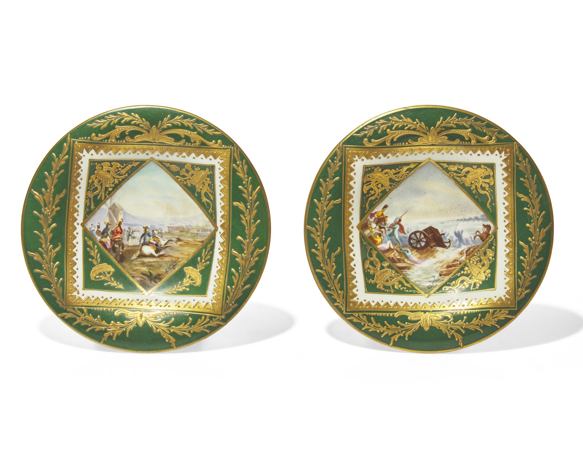 A Sèvres style Napoleonic gilt and enamel-decorated part dejeuner, bearing pseudo imperial marks, late 19th century