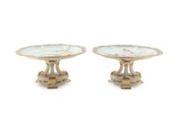 A Pair of Continental Ornithological Painted and Parcel Gilt Porcelain Compotes