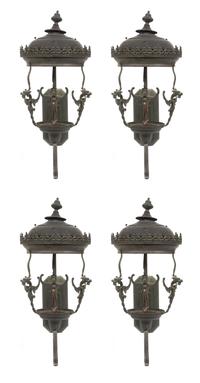 A Group of Four Cast Metal Wall-Mounted Lanterns Height 32 inches. — 19TH/20TH CENTURY