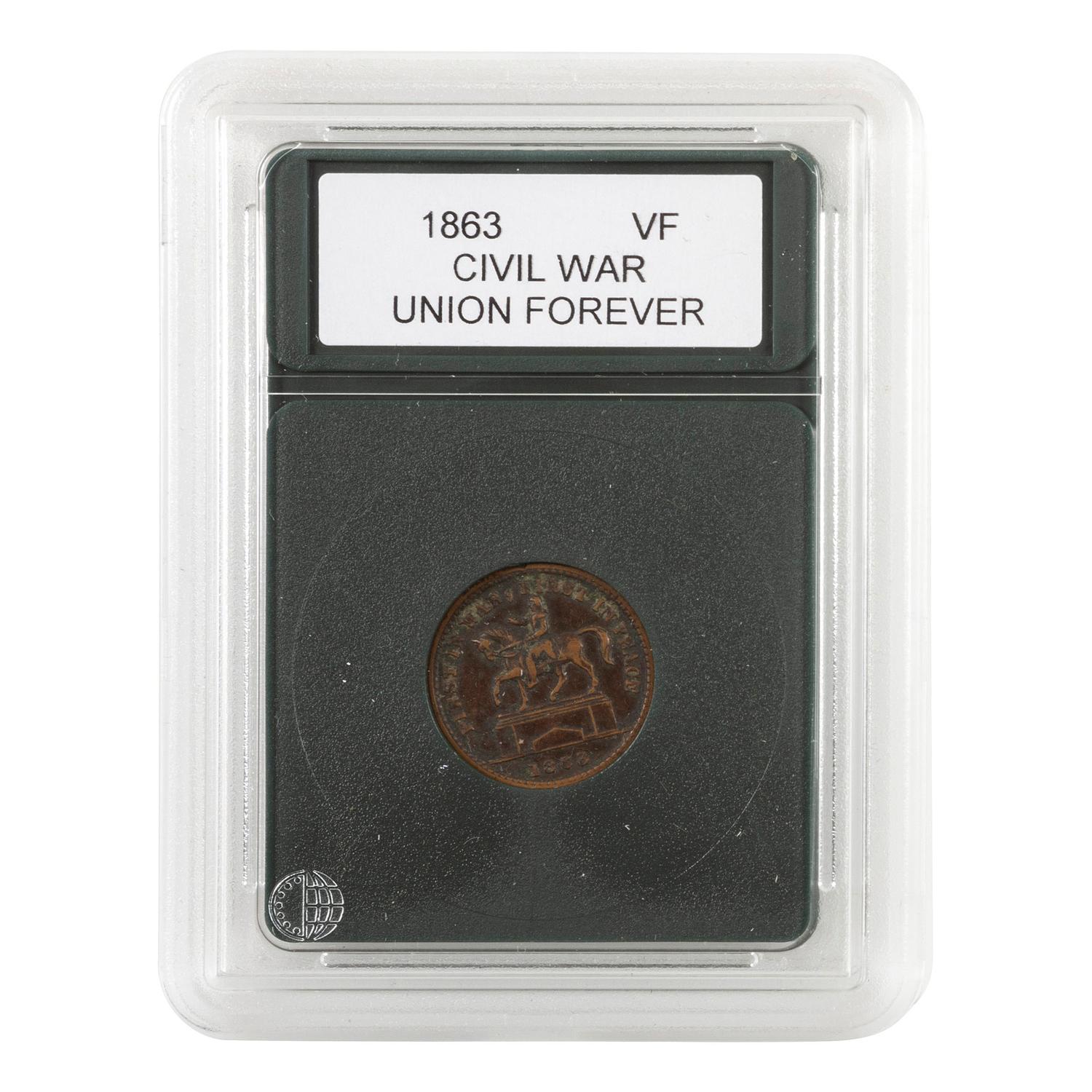 [CIVIL WAR]. Pair of relics including tent stake and 1863 "Union Forever" token.