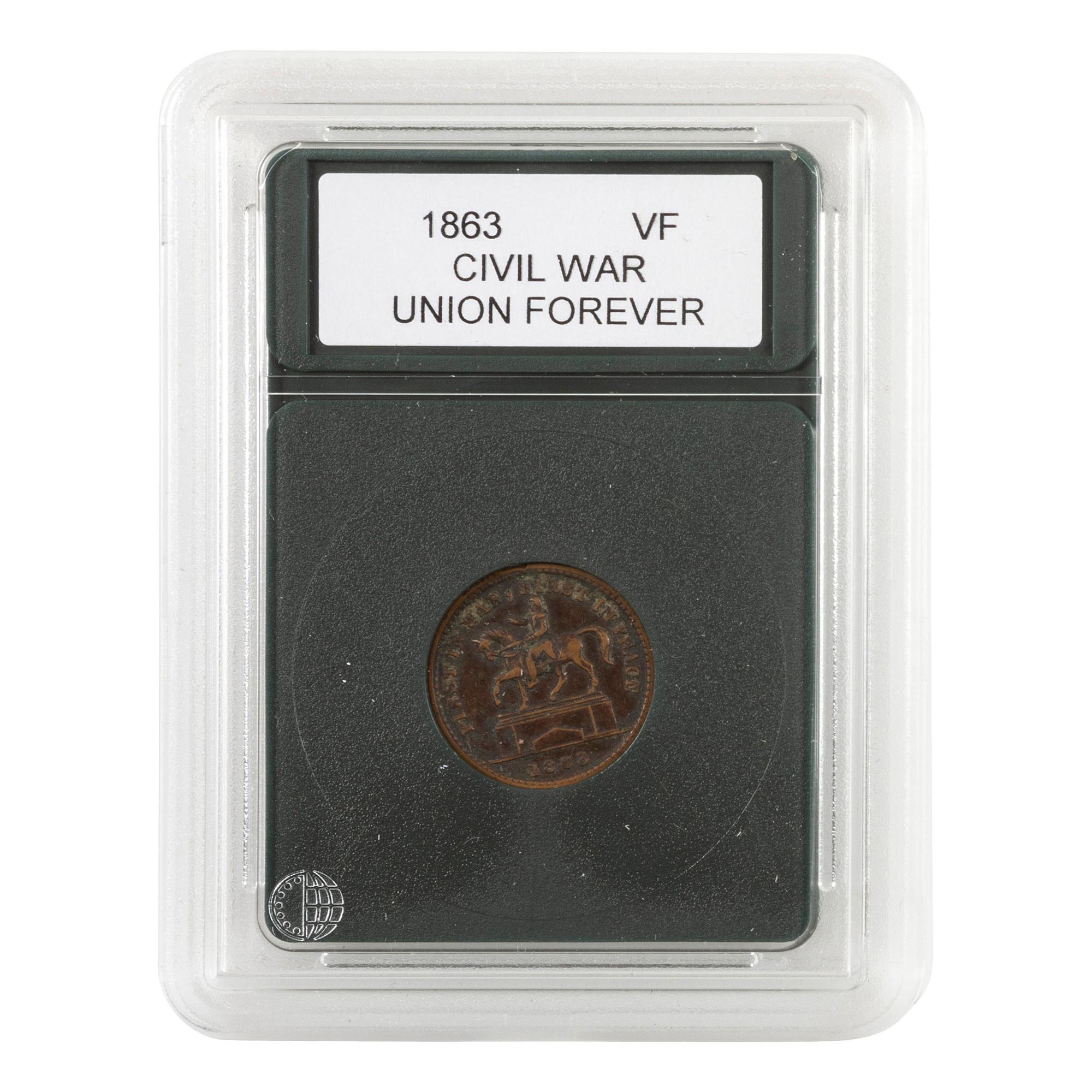 [CIVIL WAR]. Pair of relics including tent stake and 1863 "Union Forever" token.