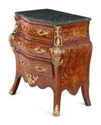 A Near Pair of Régence Style Gilt Metal Mounted Inlaid Kingwood Marble-Top Bombe Commodes