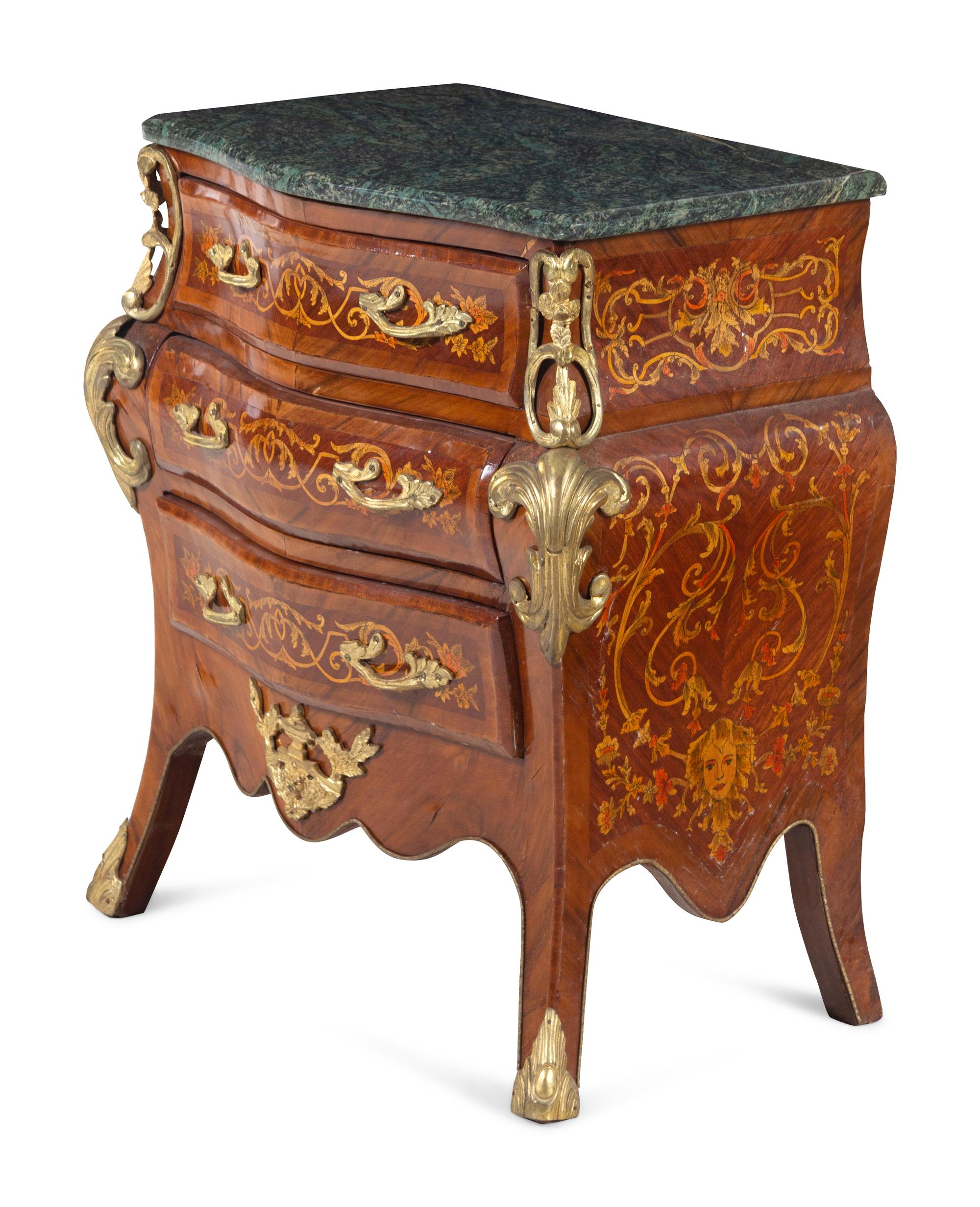 A Near Pair of Régence Style Gilt Metal Mounted Inlaid Kingwood Marble-Top Bombe Commodes