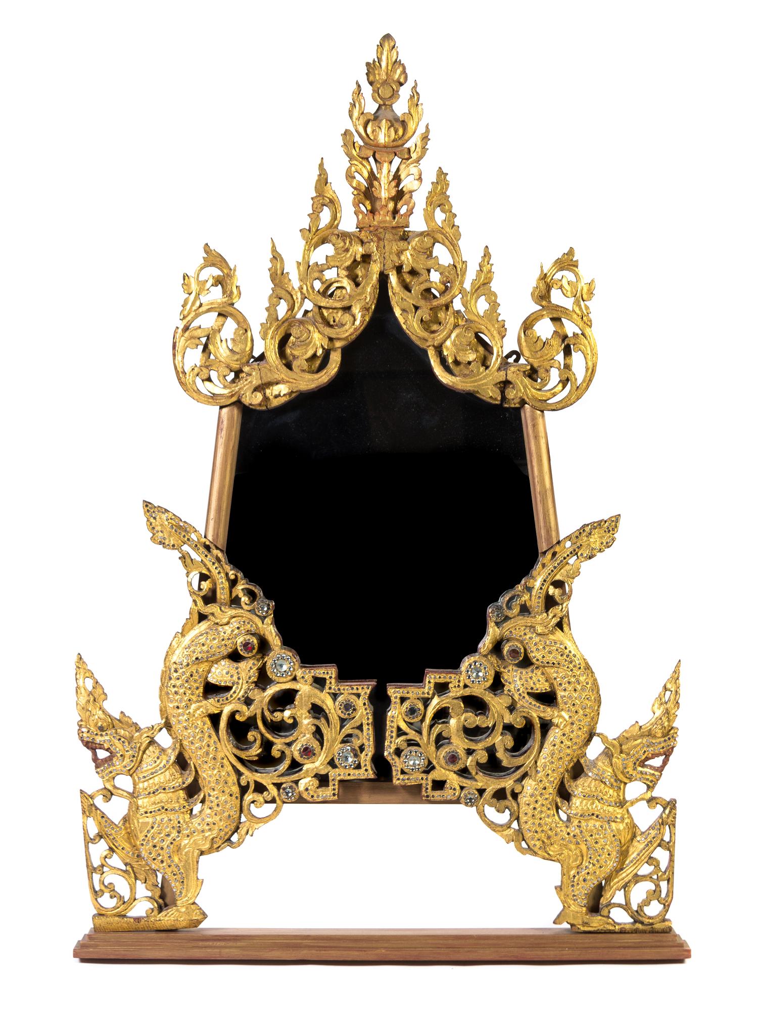 A Burmese Stone-Inlaid Gilt Wood Mirror Height 56 3/4 inches.