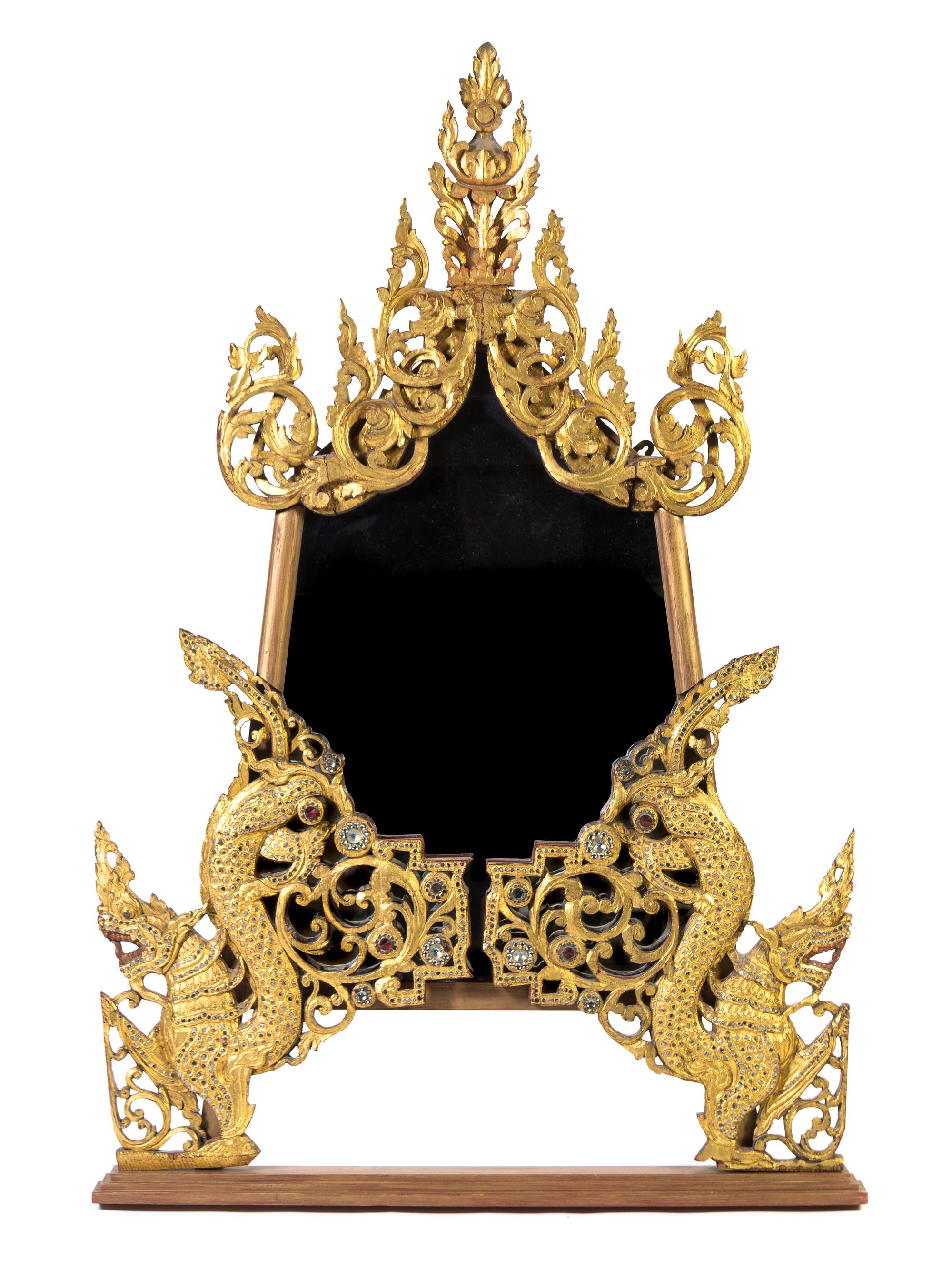 A Burmese Stone-Inlaid Gilt Wood Mirror Height 56 3/4 inches.