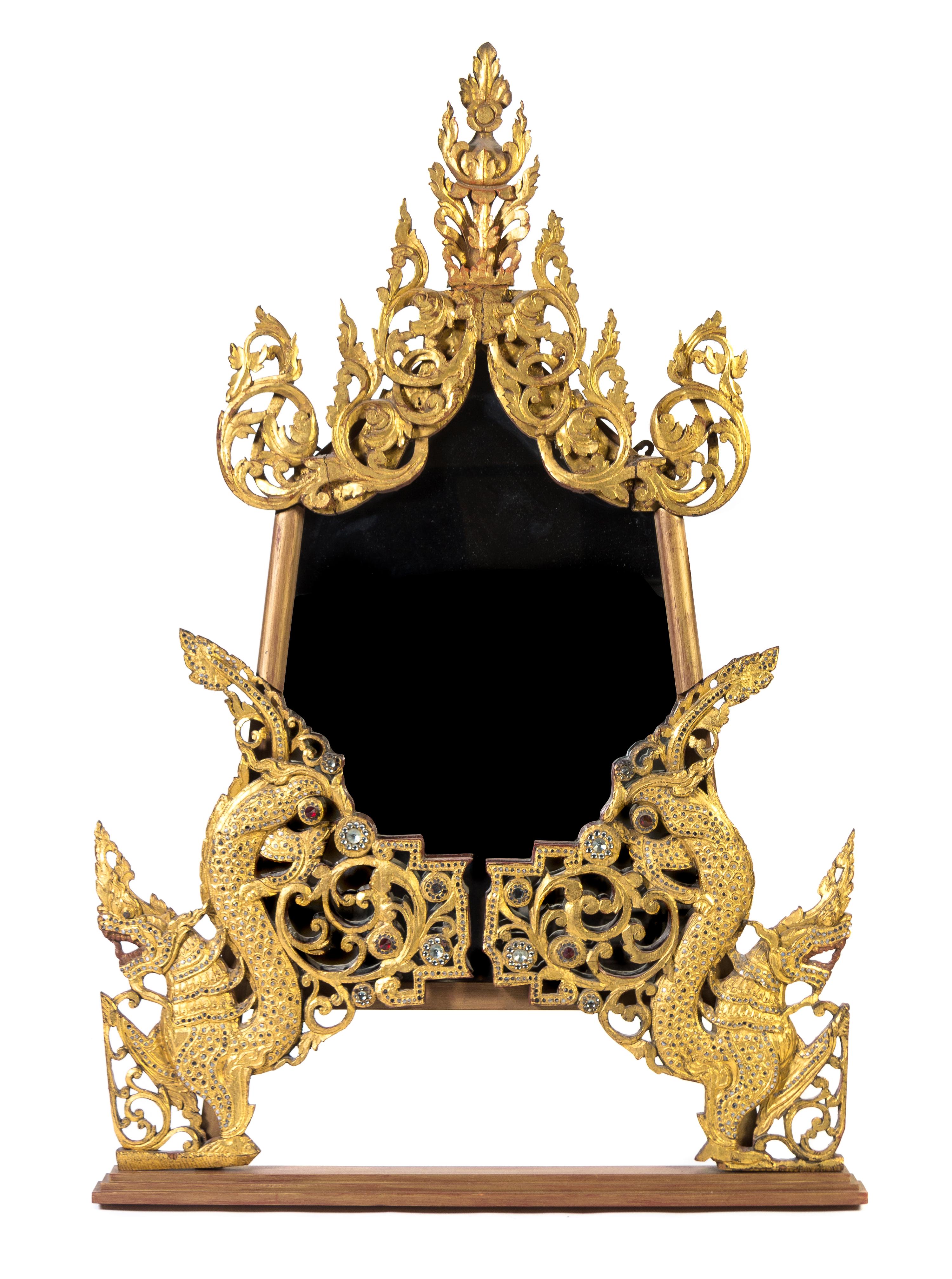 A Burmese Stone-Inlaid Gilt Wood Mirror Height 56 3/4 inches.