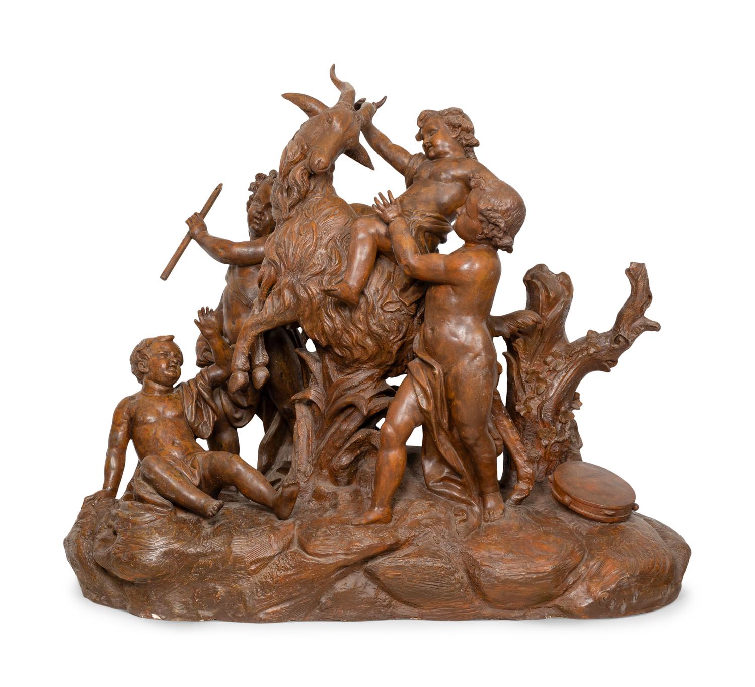 An Important Monumental Terracotta Group by Maison Gossin Frères Depicting Bacchanal Putti with Goat