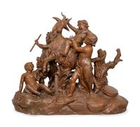 An Important Monumental Terracotta Group by Maison Gossin Frères Depicting Bacchanal Putti with Goat