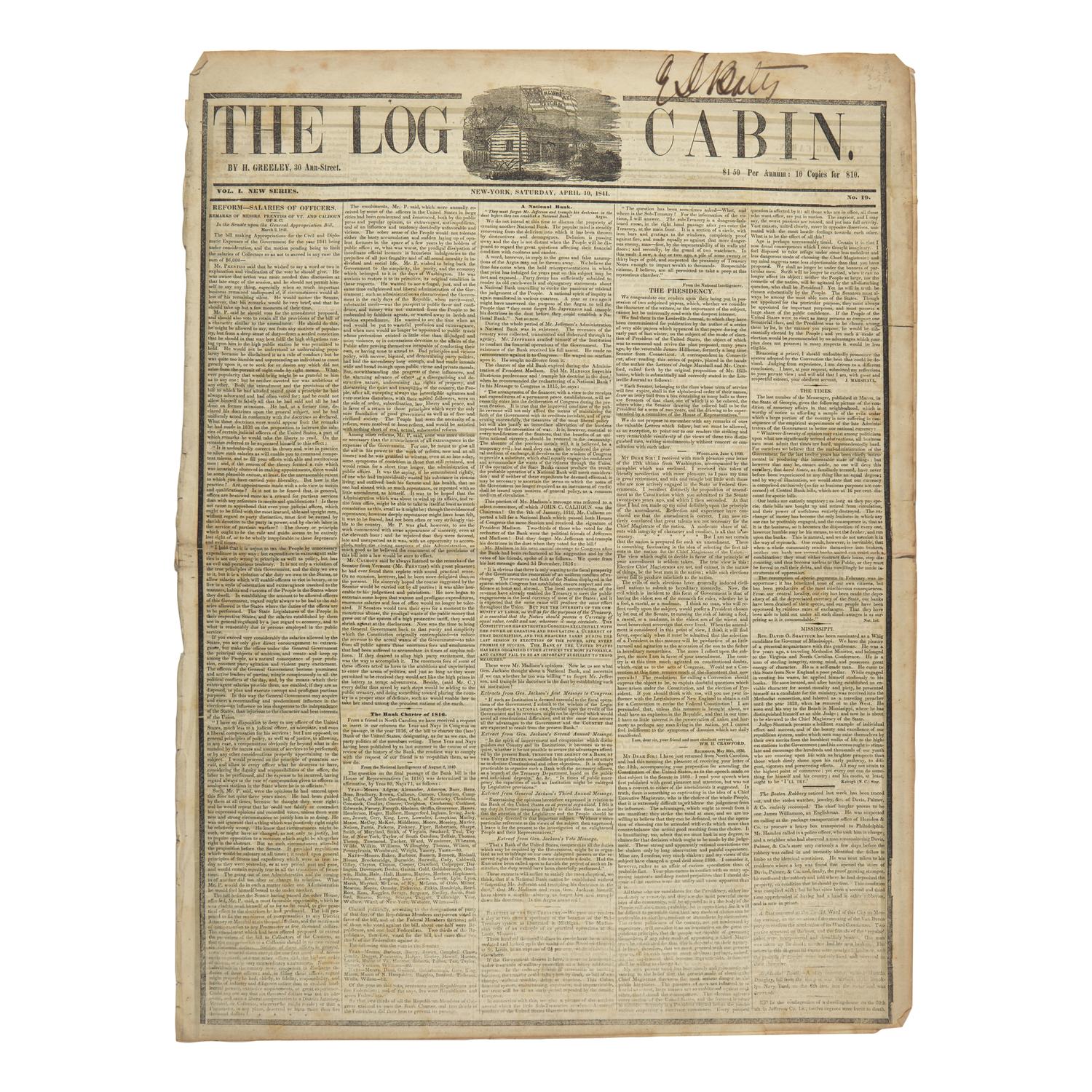 [Harrison, William Henry] The Death of American President William Henry Harrison is Announced in his own Newspaper, "The Log Cabin"