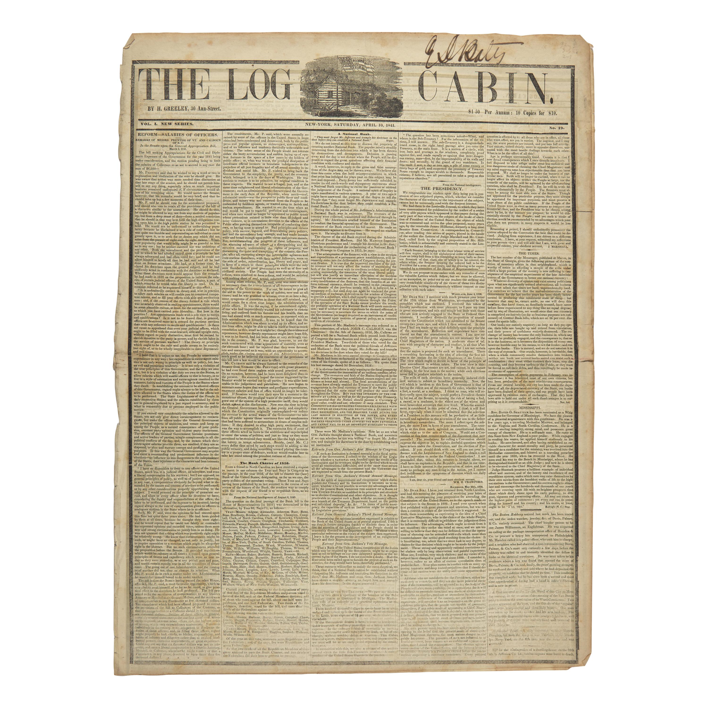 *[Harrison, William Henry] The Death of American President William Henry Harrison is Announced in his own Newspaper, "The Log Cabin"