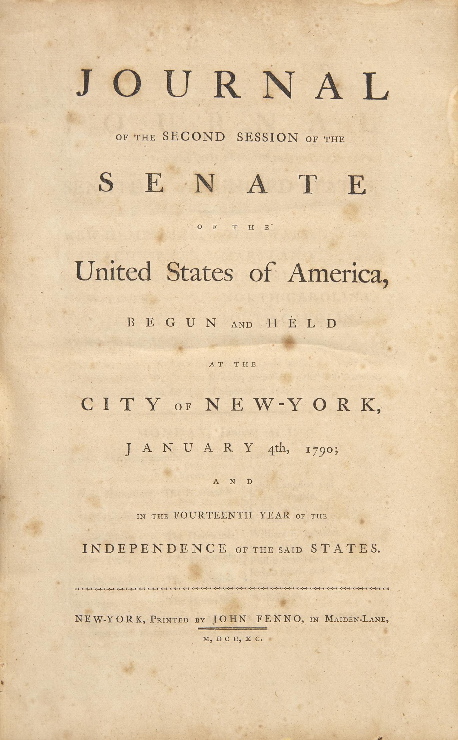 [American Law] First Edition of the Senate Journal for the Second Second Session of the First Congress: Includes the First State of the Union Address