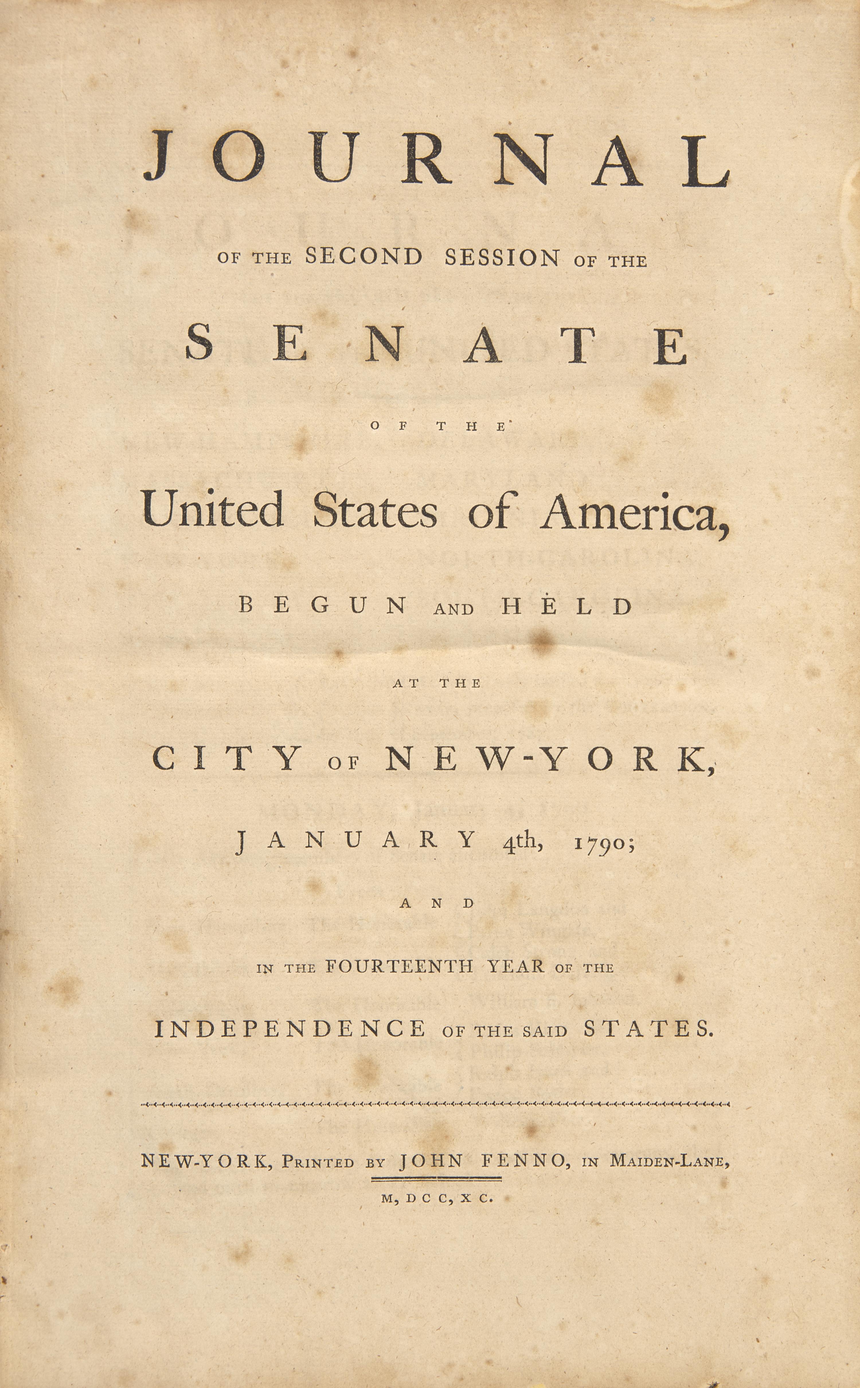 [American Law] First Edition of the Senate Journal for the Second Second Session of the First Congress: Includes the First State of the Union Address