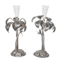 Pair of French Palm Tree-Form Silvered Bronze and Glass Centerpieces — 20TH CENTURY