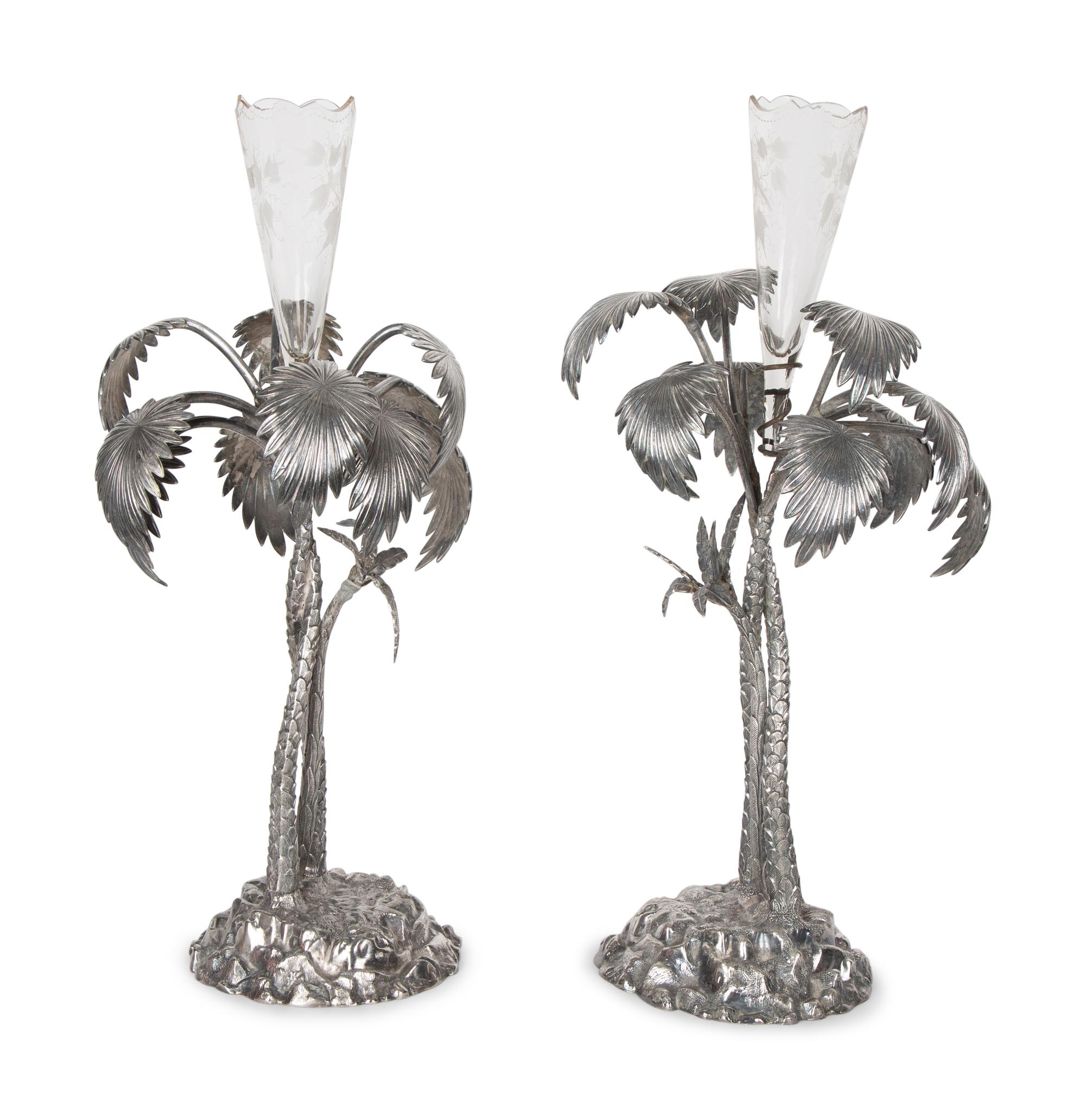 Pair of French Palm Tree-Form Silvered Bronze and Glass Centerpieces — 20TH CENTURY