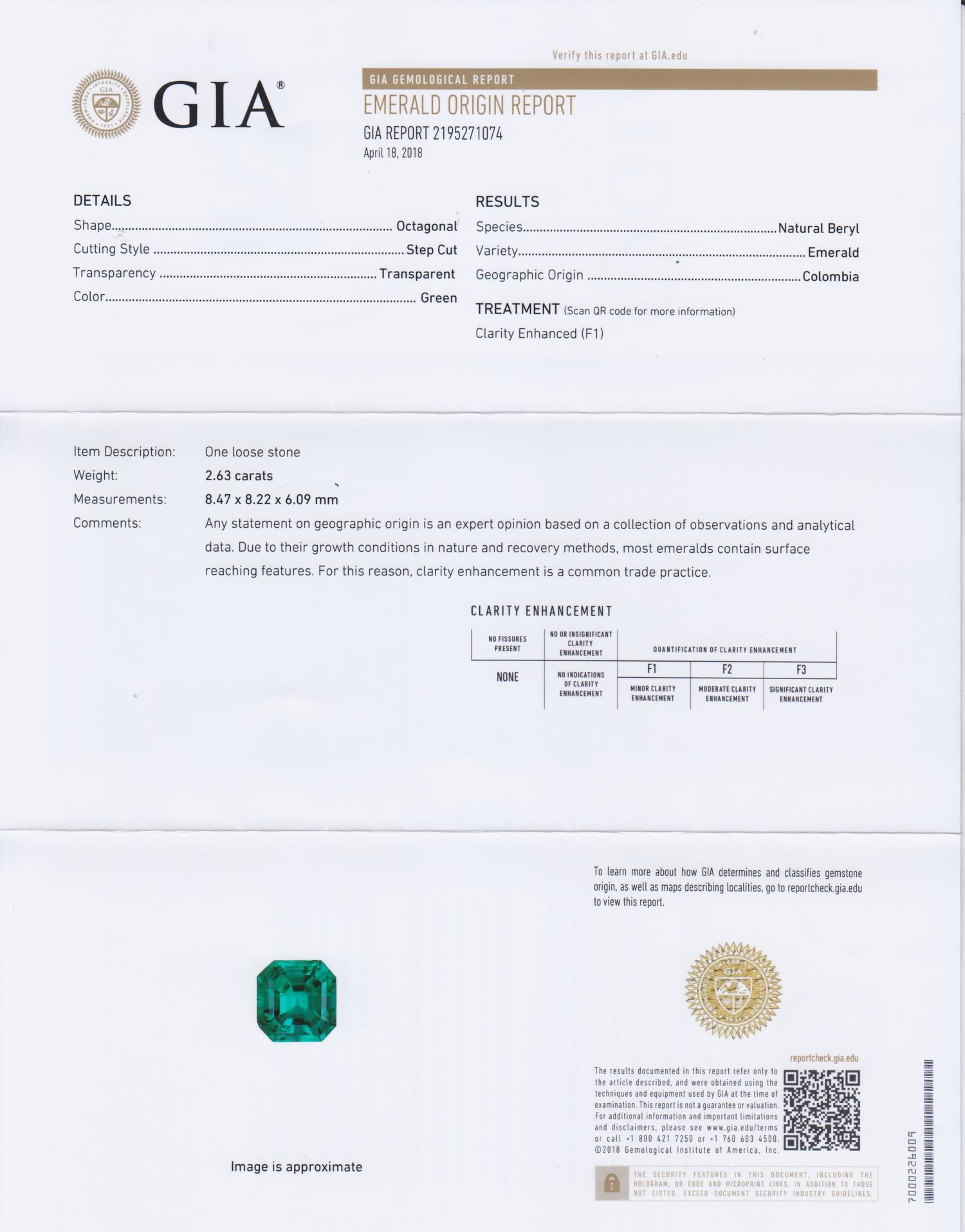 A 2.63 Carat Octagonal Step Cut Emerald,