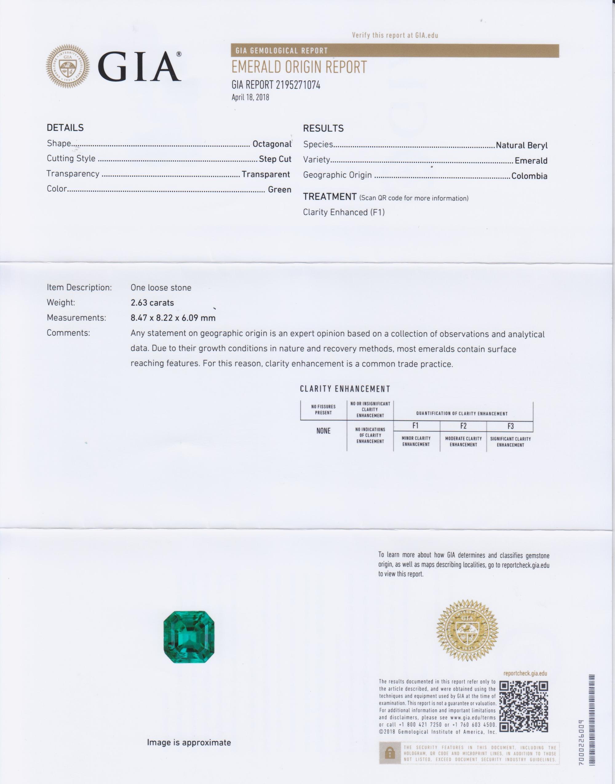 A 2.63 Carat Octagonal Step Cut Emerald,