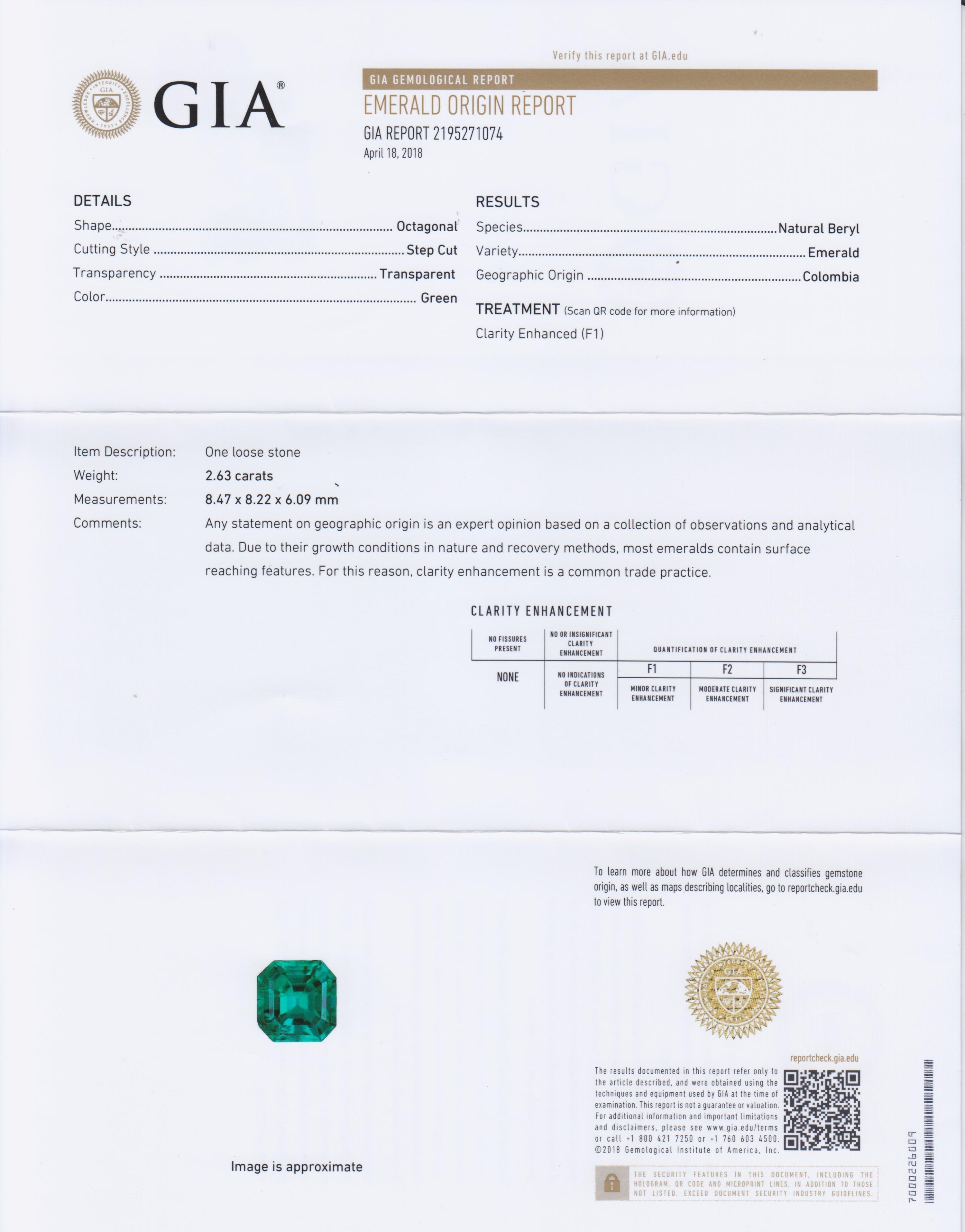 A 2.63 Carat Octagonal Step Cut Emerald,