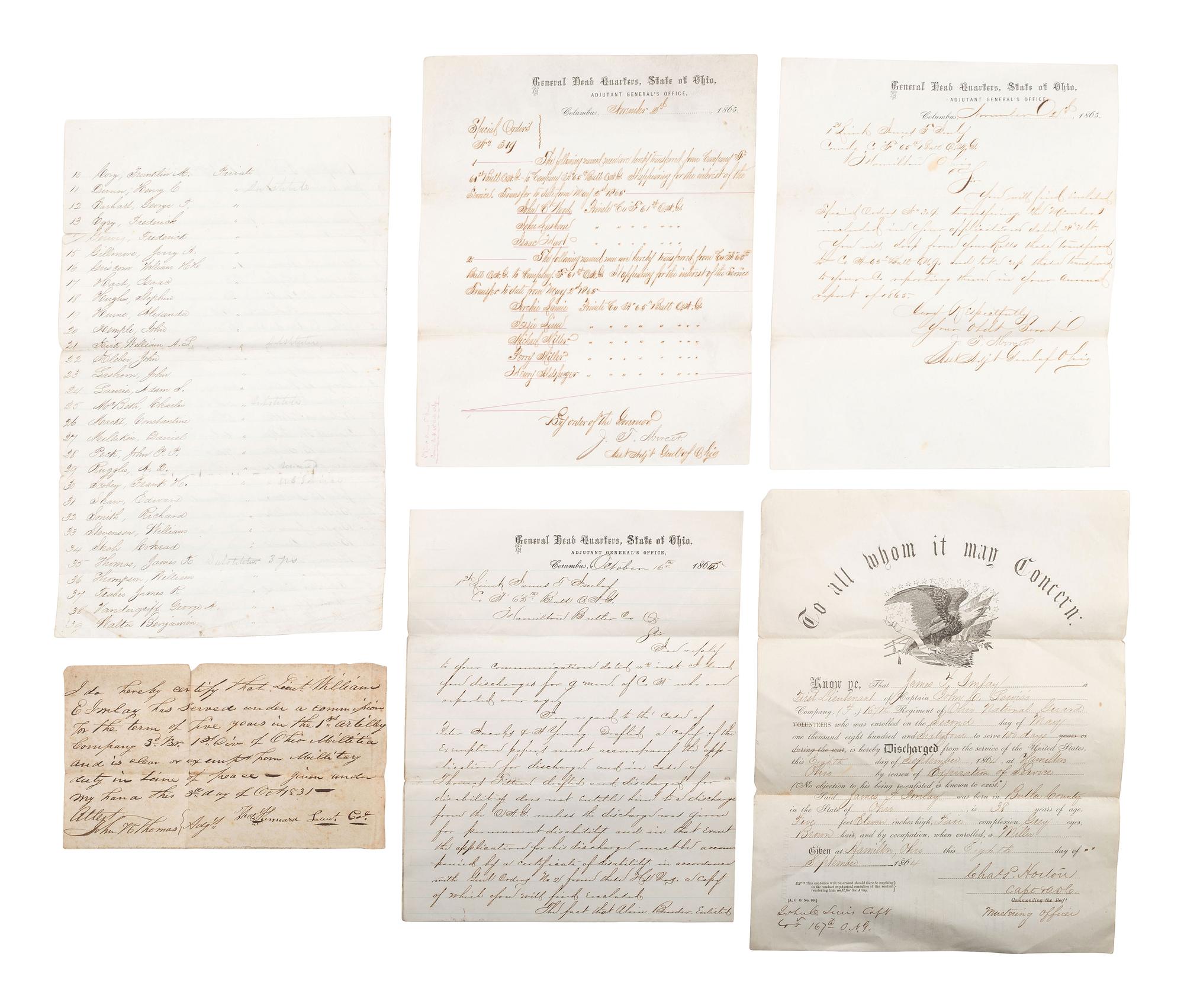 [CIVIL WAR]. First Lieutenant James T. Imlay archive, incl. Ohio's home guard regiments formation.