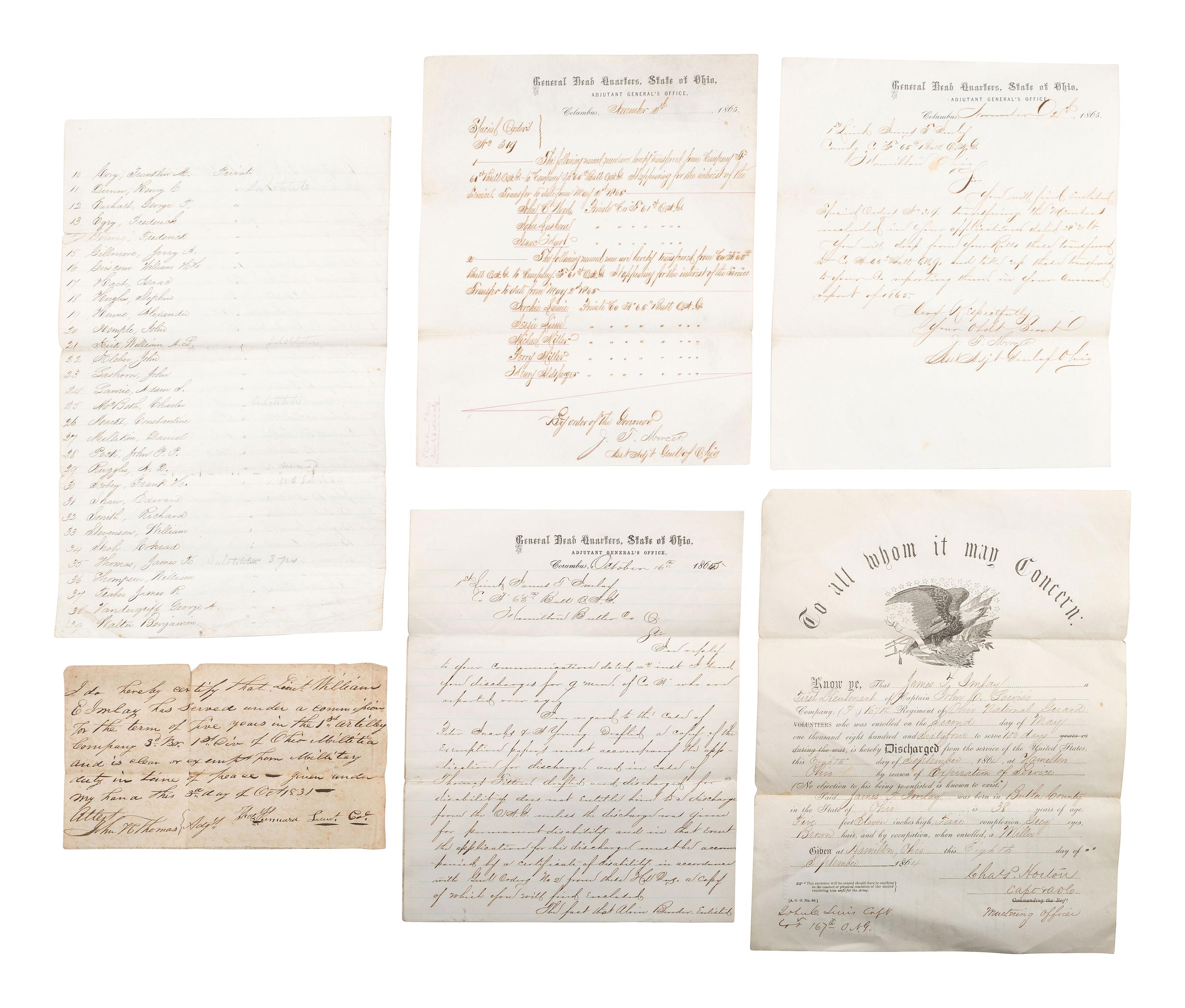 [CIVIL WAR]. First Lieutenant James T. Imlay archive, incl. Ohio's home guard regiments formation.
