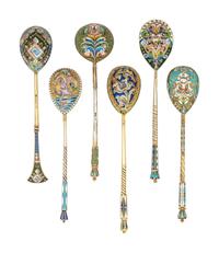 Six Russian Enameled Silver Spoons