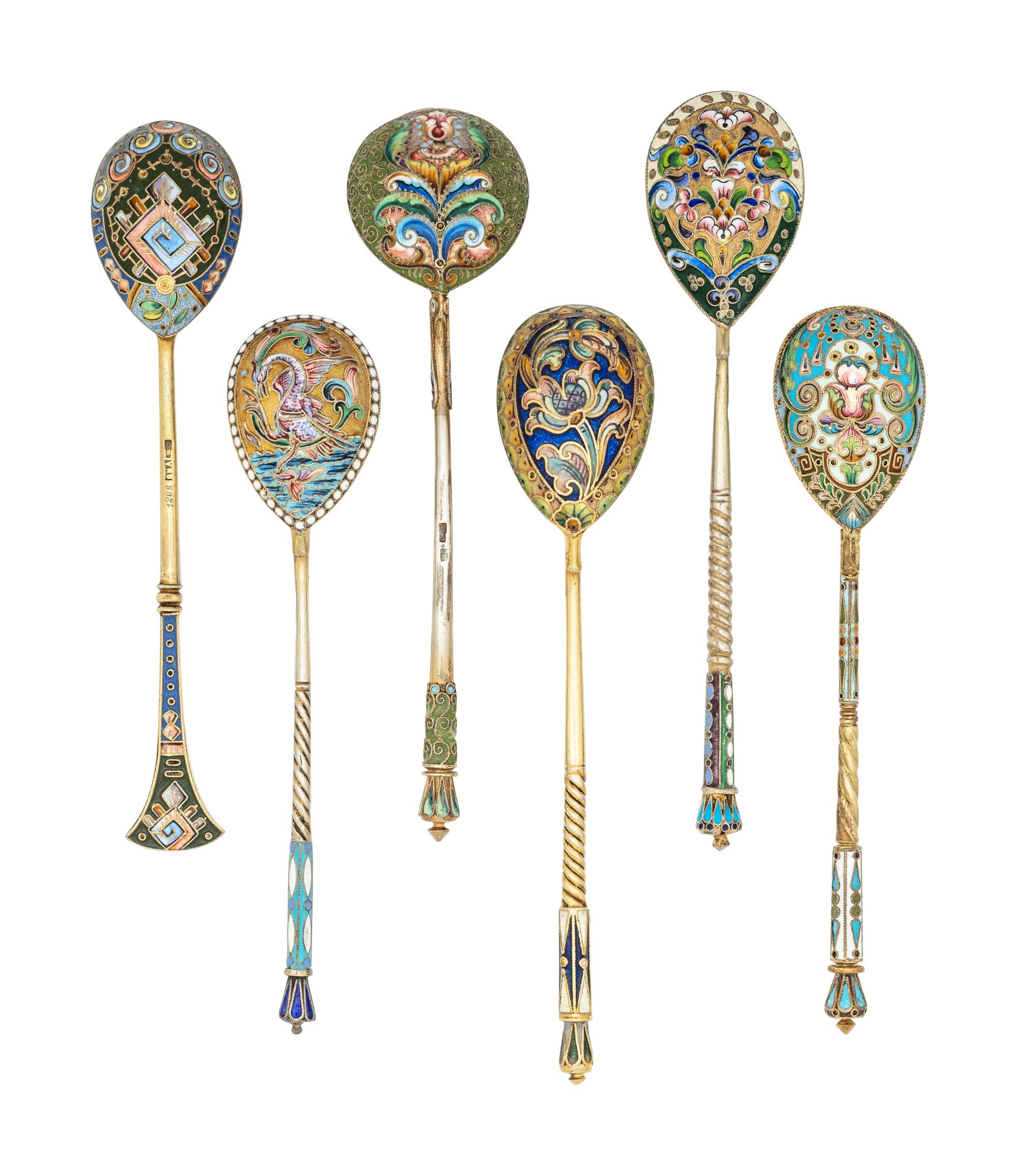 Six Russian Enameled Silver Spoons