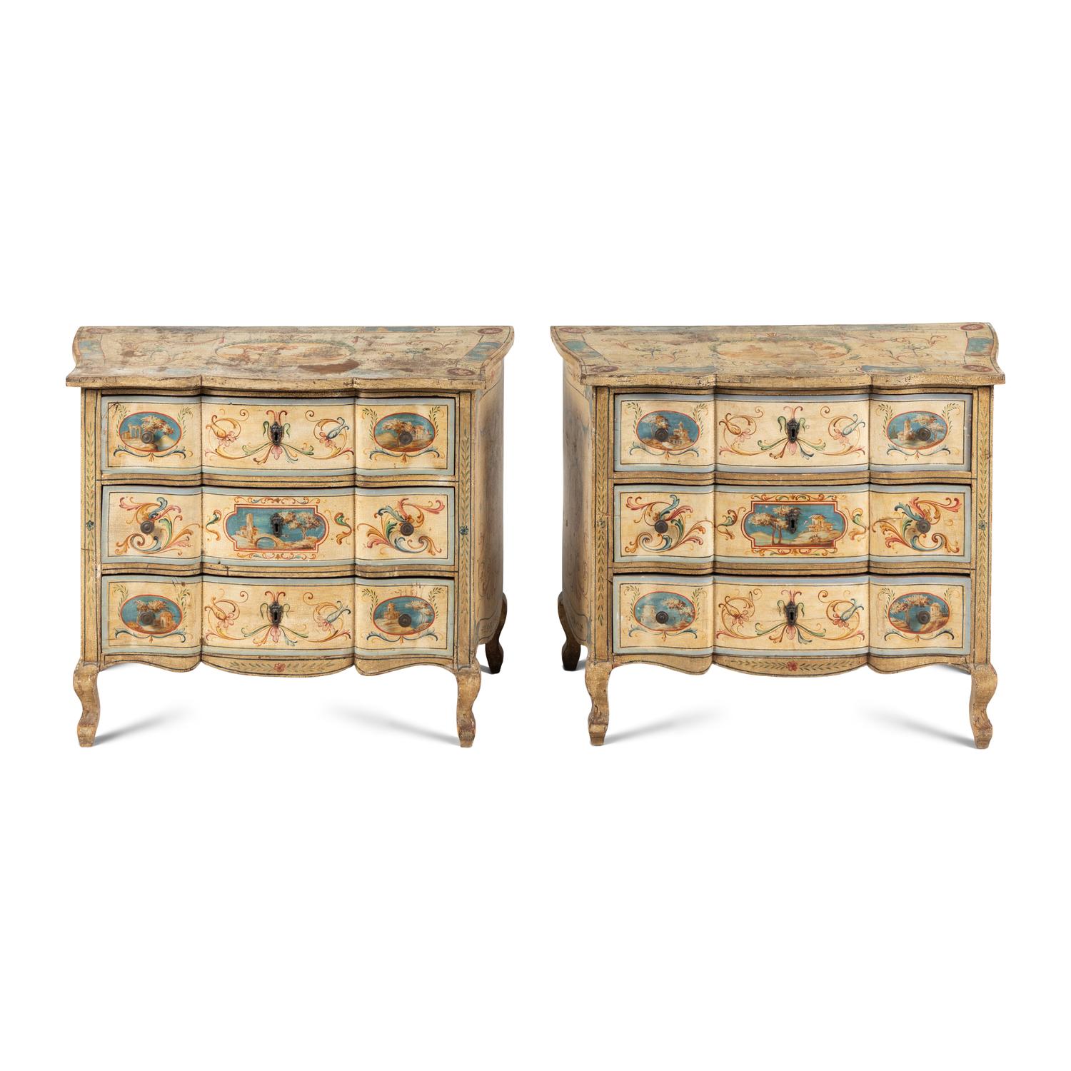 A Pair of Italian Neoclassical Painted Serpentine Chests of Drawers