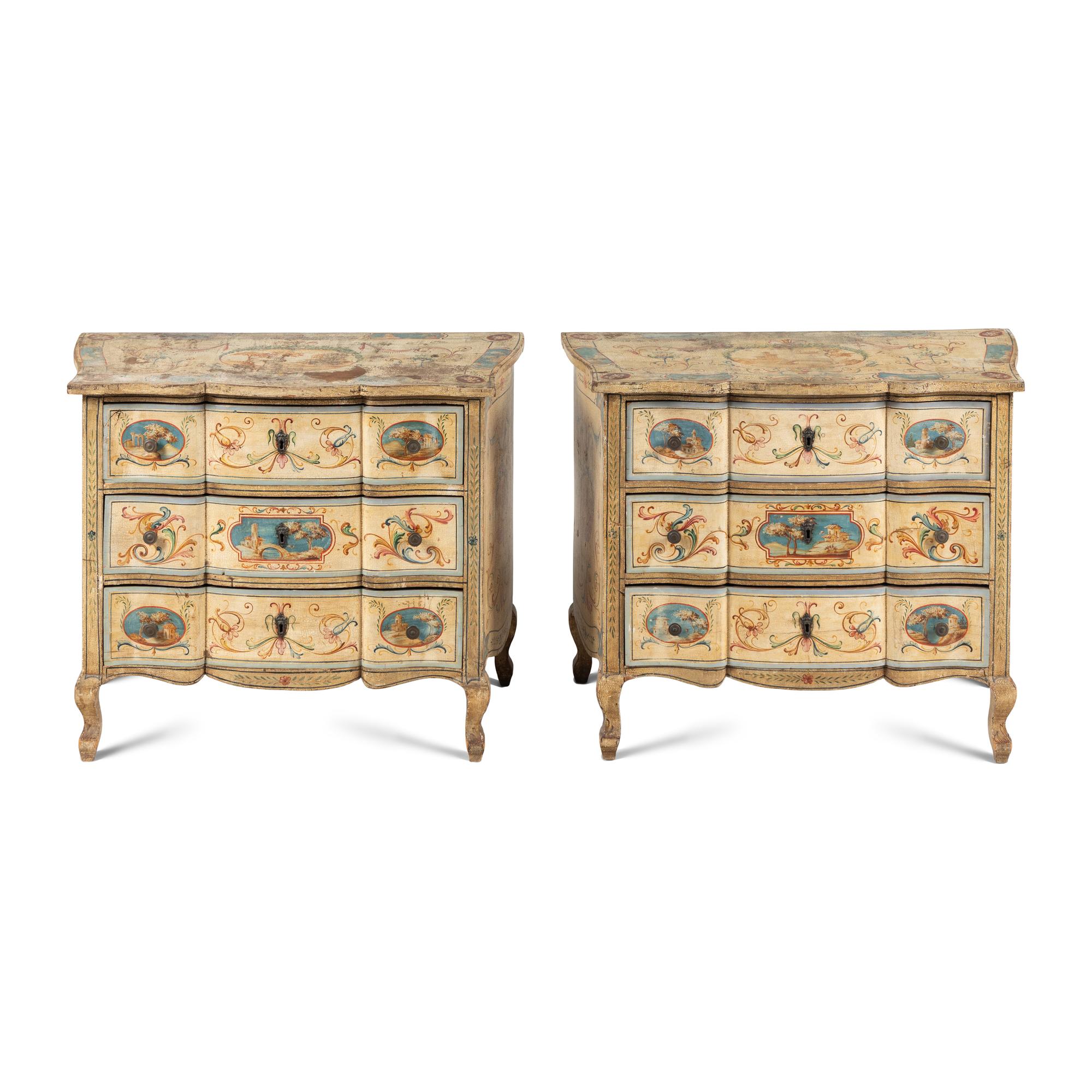 A Pair of Italian Neoclassical Painted Serpentine Chests of Drawers