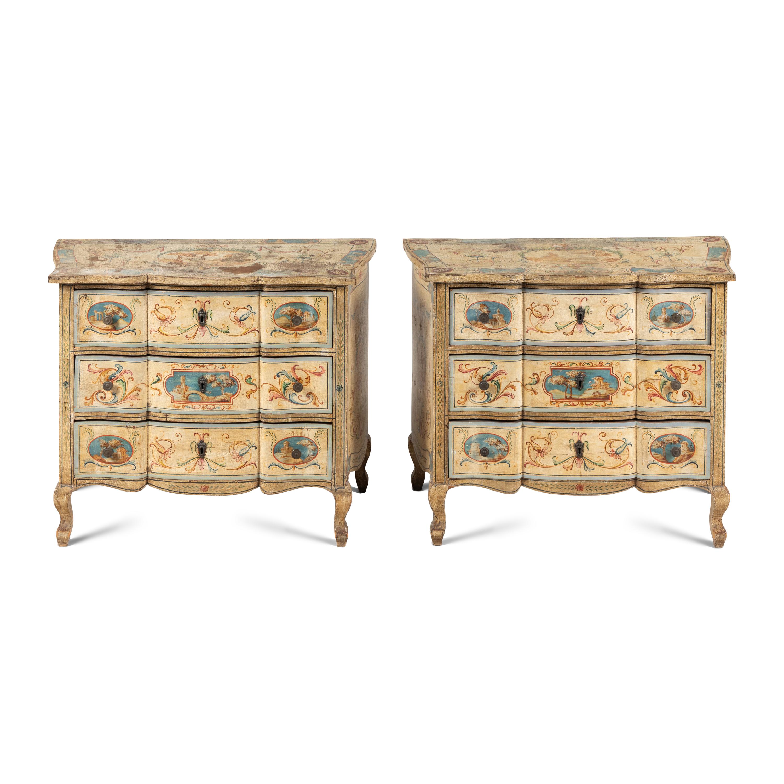 A Pair of Italian Neoclassical Painted Serpentine Chests of Drawers