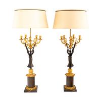 A Pair of Empire Style Gilt and Patinated Bronze Candelabra Mounted as Lamps