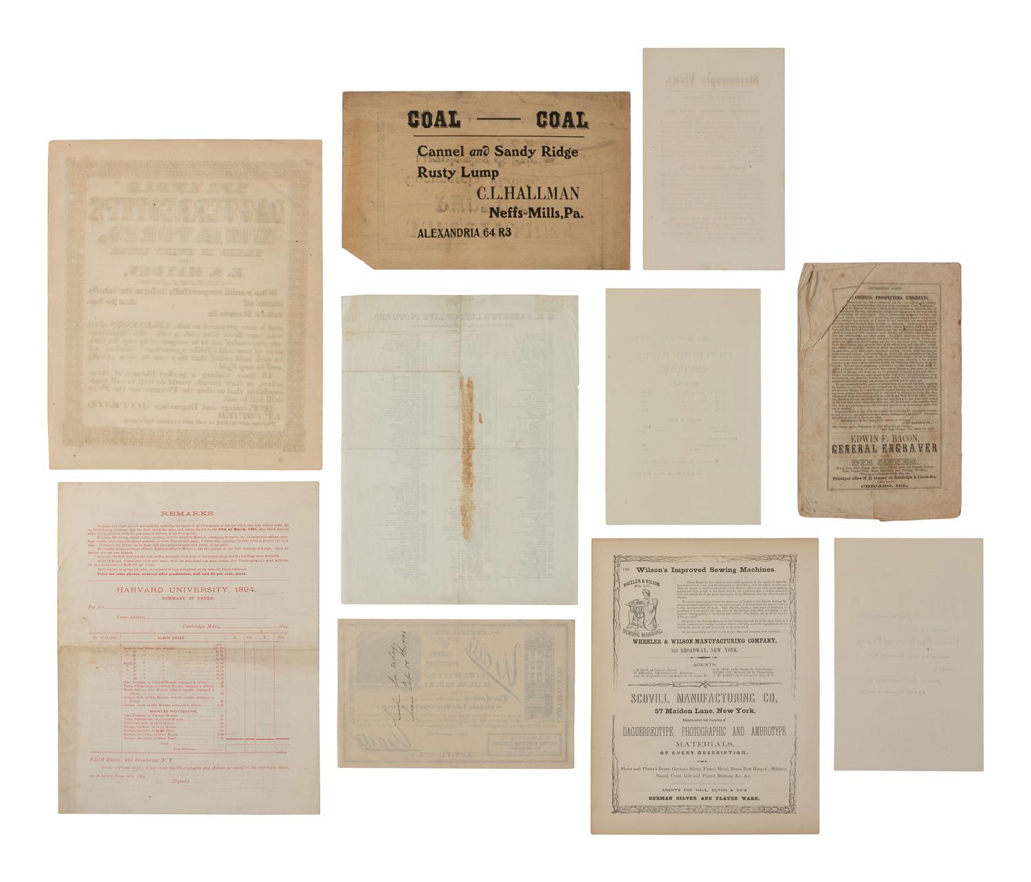 [EARLY PHOTOGRAPHY]. A large assortment of photographers' advertising cards, sheets, and signage.