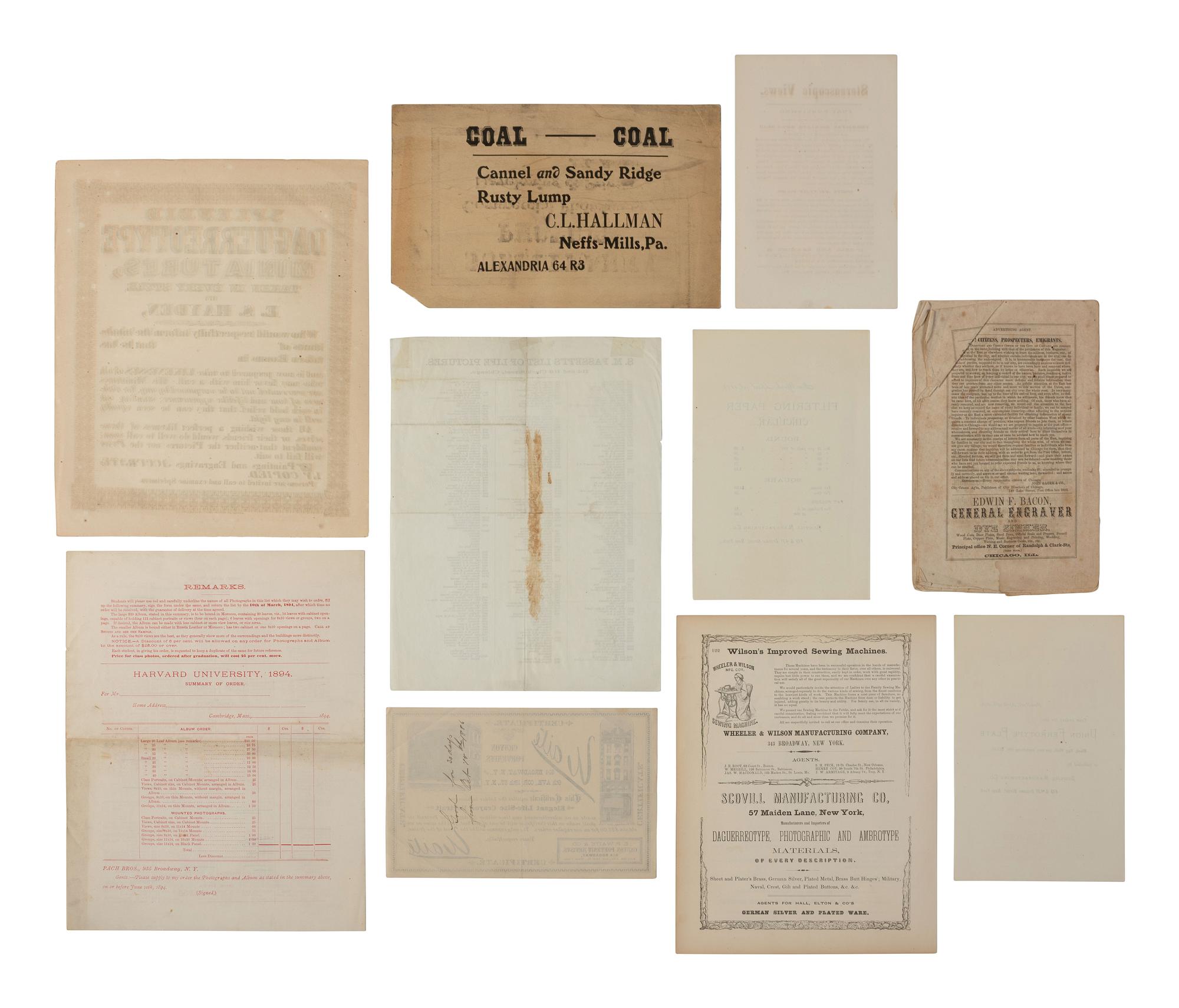[EARLY PHOTOGRAPHY]. A large assortment of photographers' advertising cards, sheets, and signage.