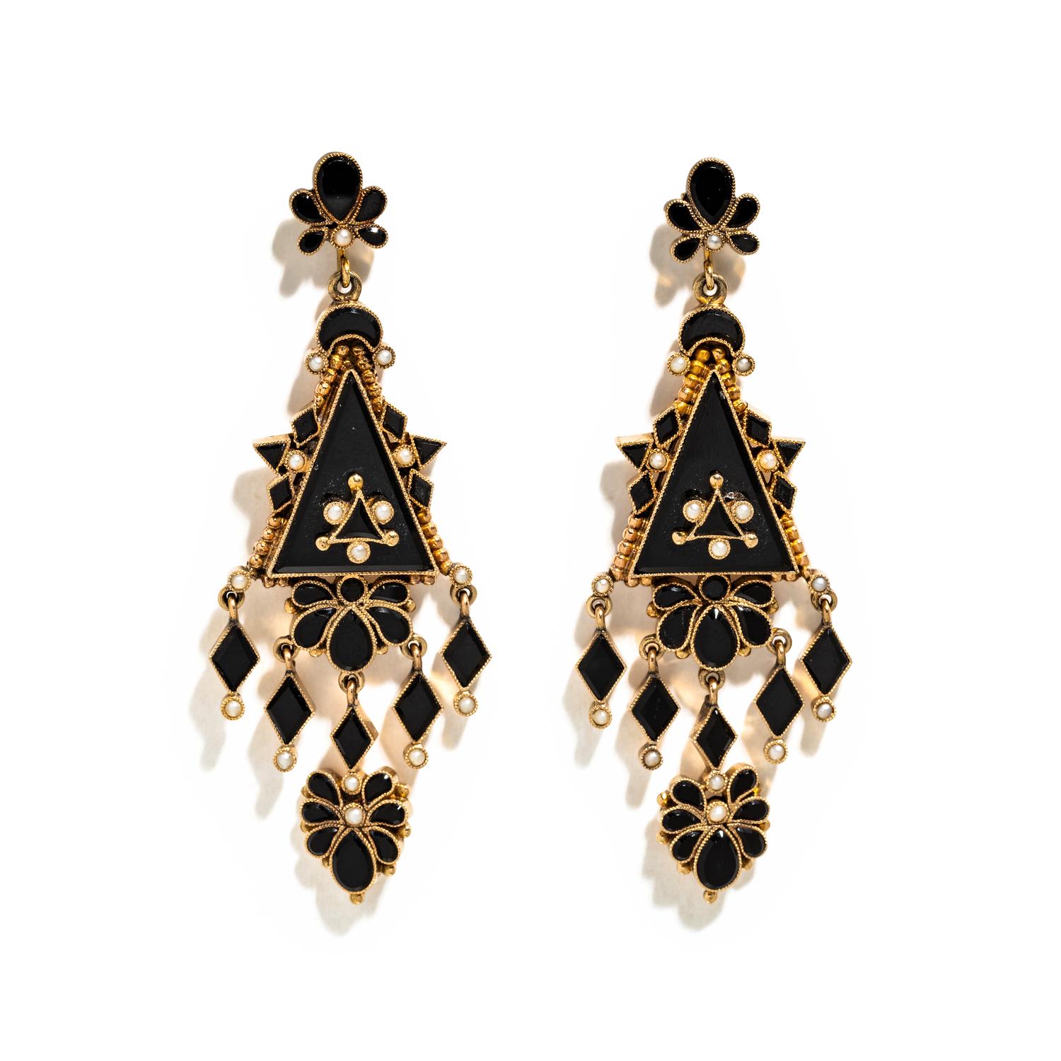 VICTORIAN, ONYX AND SEED PEARL EARRINGS