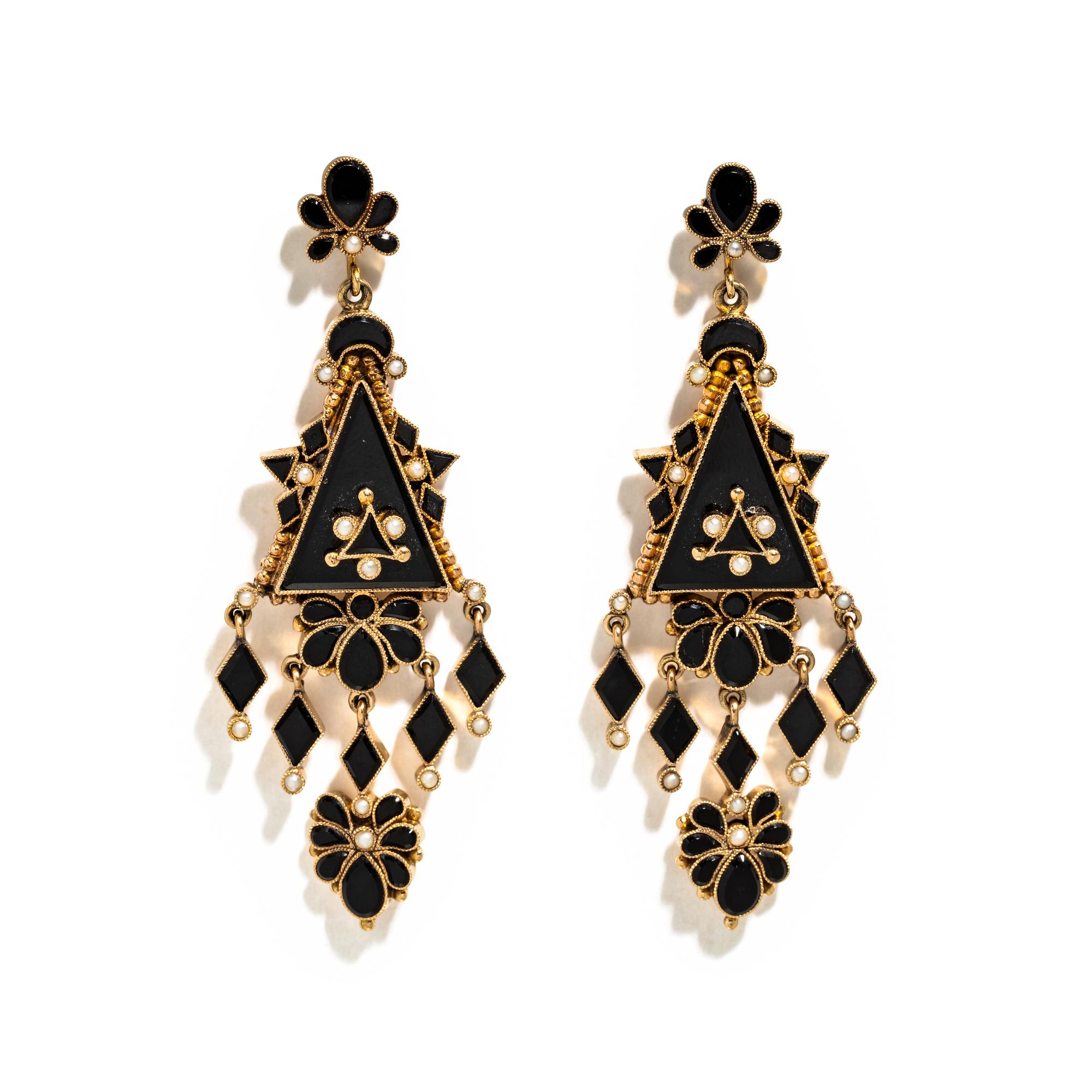 VICTORIAN, ONYX AND SEED PEARL EARRINGS