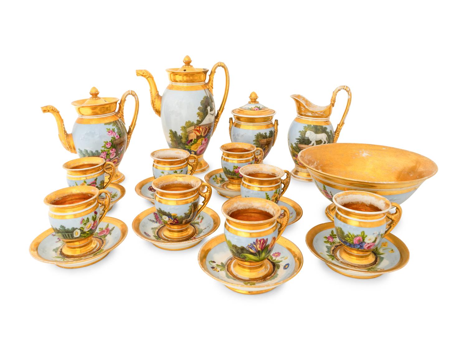 A Paris Porcelain Hand-Painted and Parcel-Gilt Porcelain Tea and Coffee Service