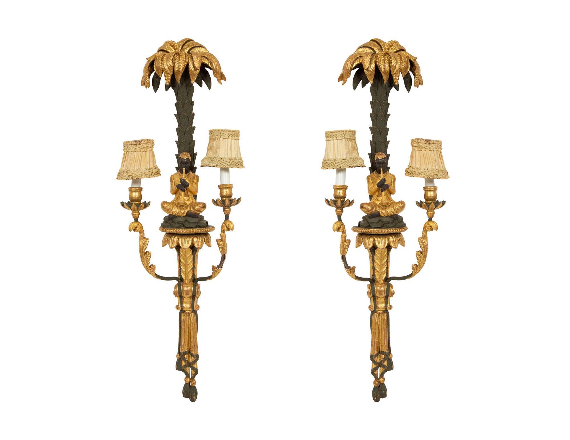 A Pair of Painted and Parcel Gilt Carved Wood Sconces
